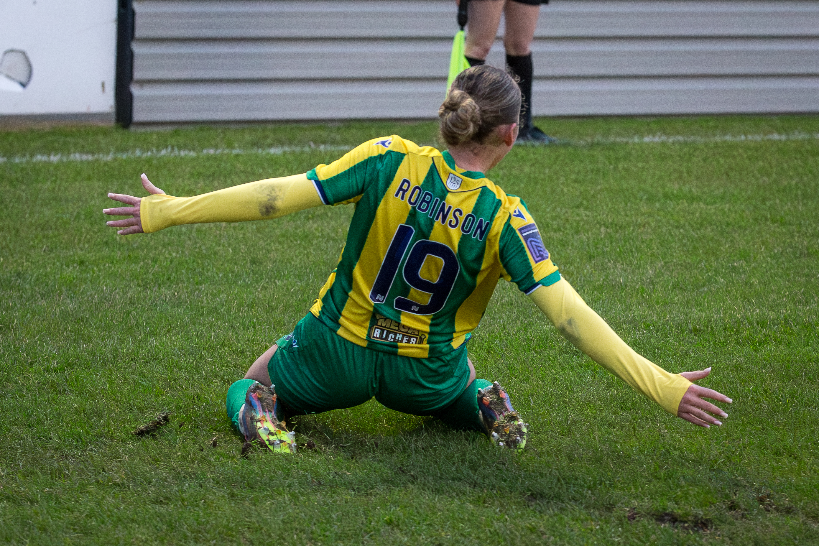 Monique Robinson celebrates her goal against Leeds.