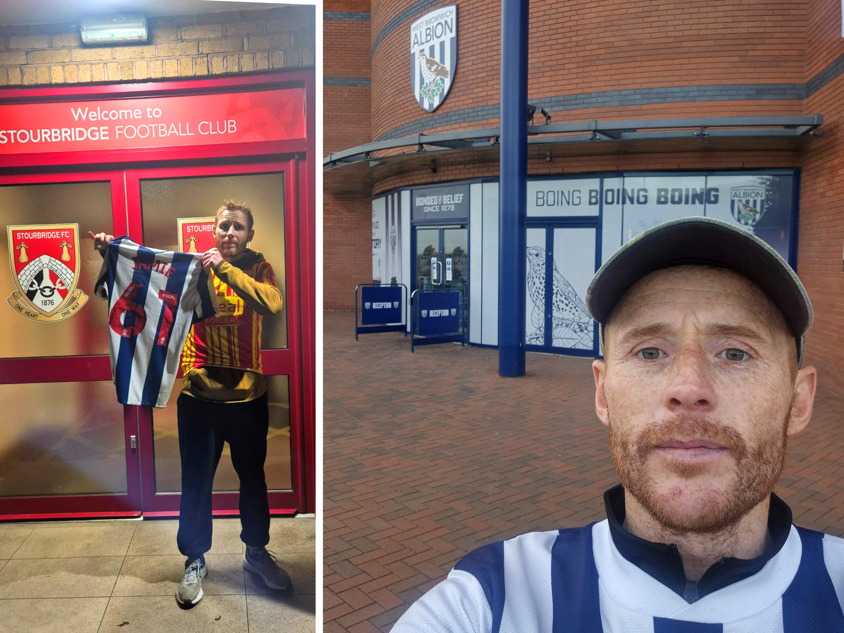 Jamie Crackett outside Stourbridge FC and the East Stand entrance at The Hawthorns
