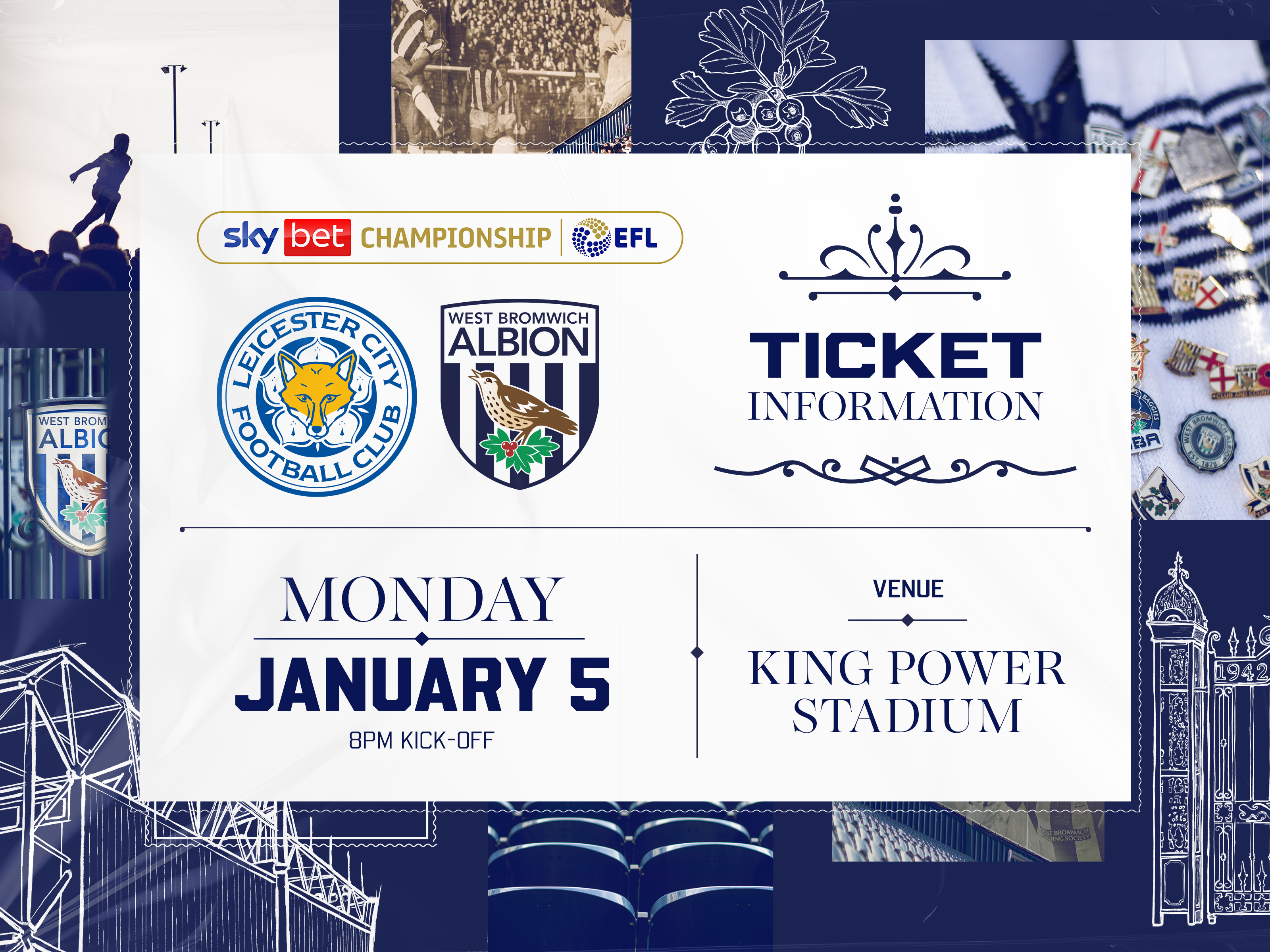 A ticket graphic displaying information for Albion's game against Leicester City