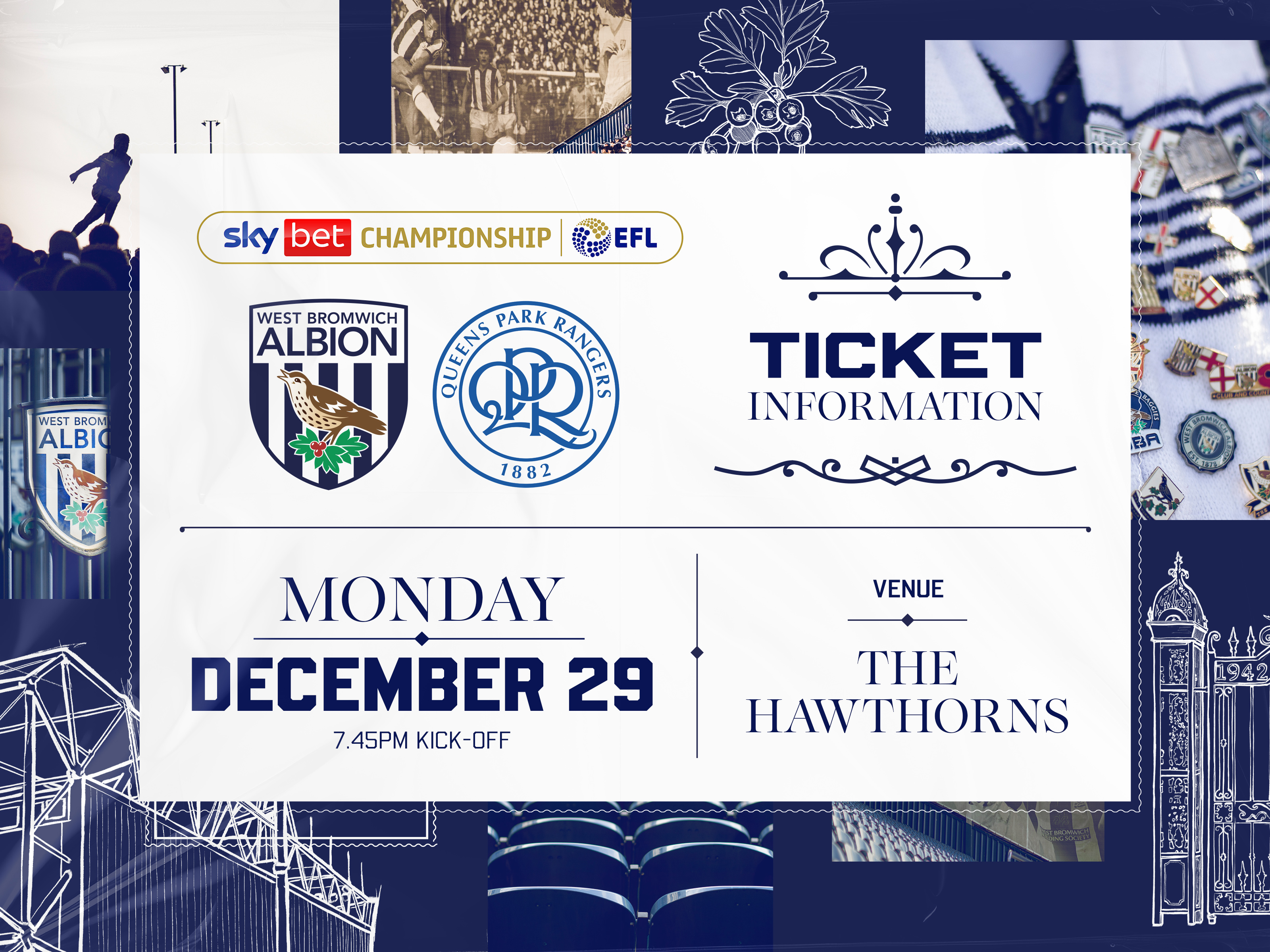 A ticket graphic displaying information for Albion's game against QPR