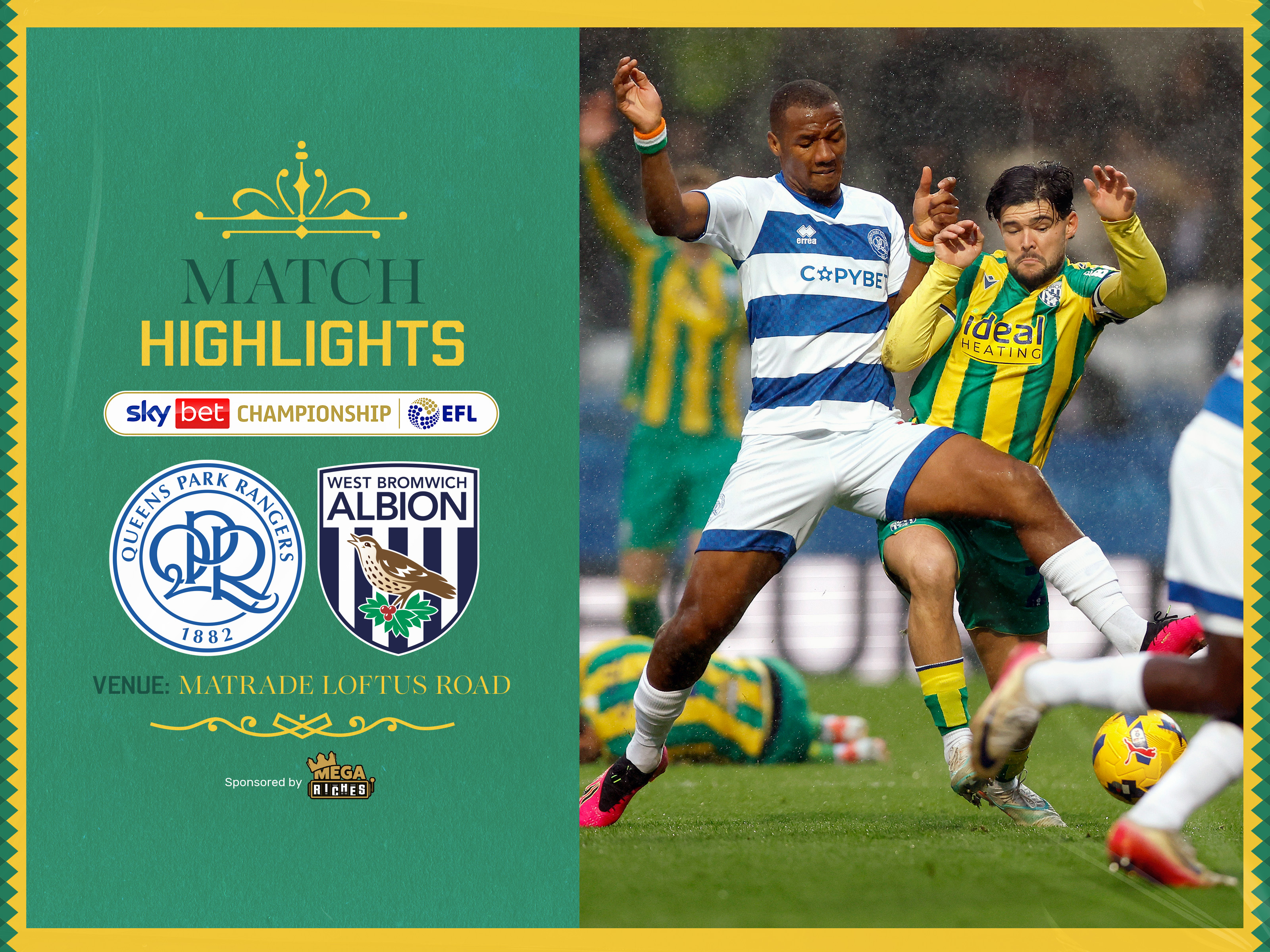 QPR highlights graphic with an image of Alex Mowatt challenging a QPR player for the ball