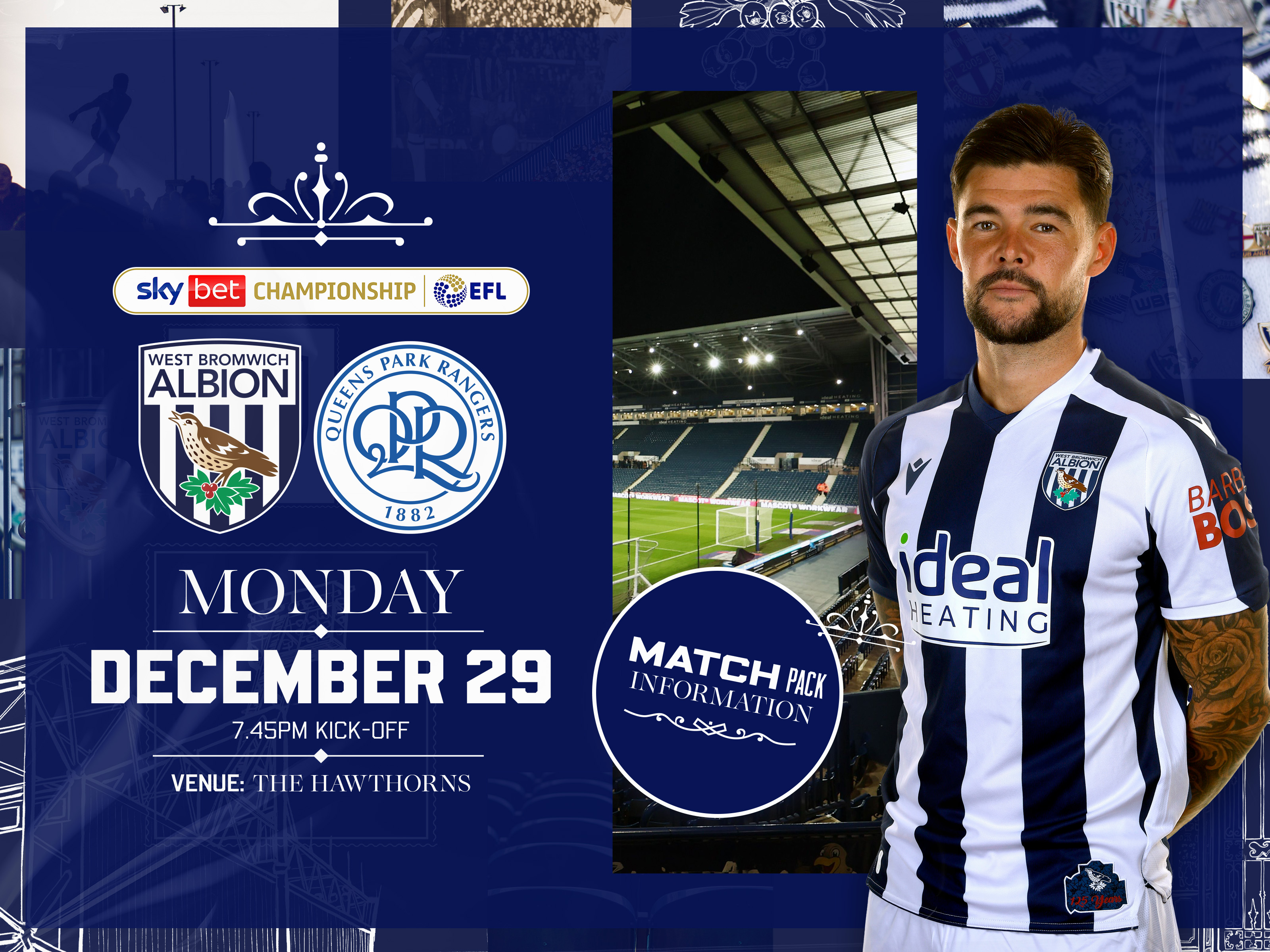 Home match pack graphic for QPR with both club badges on, an image of The Hawthorns at night and an image of Alex Mowatt in the home kit smiling and looking at the camera 