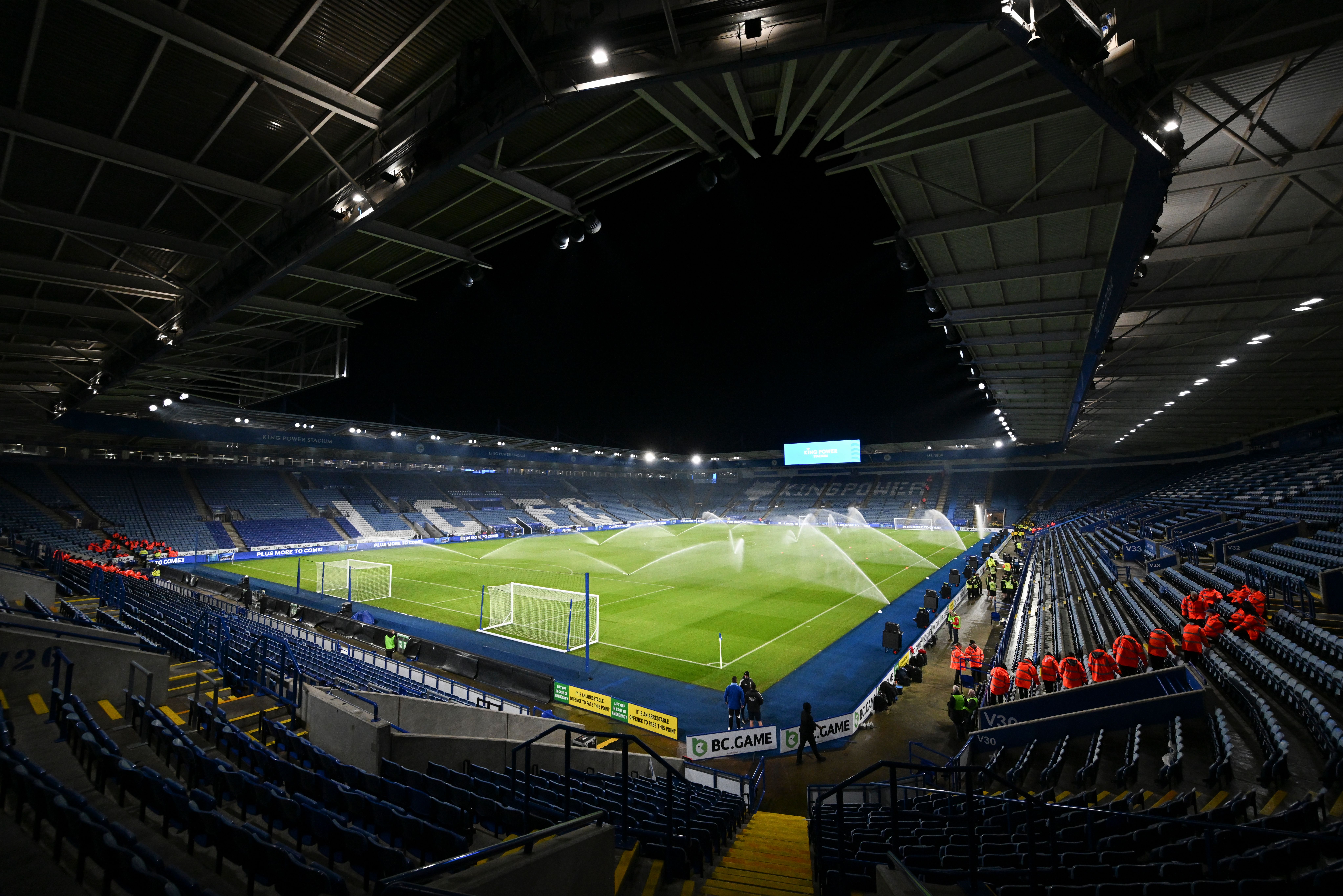 A general view at night time of Leicester City's King Power Stadium