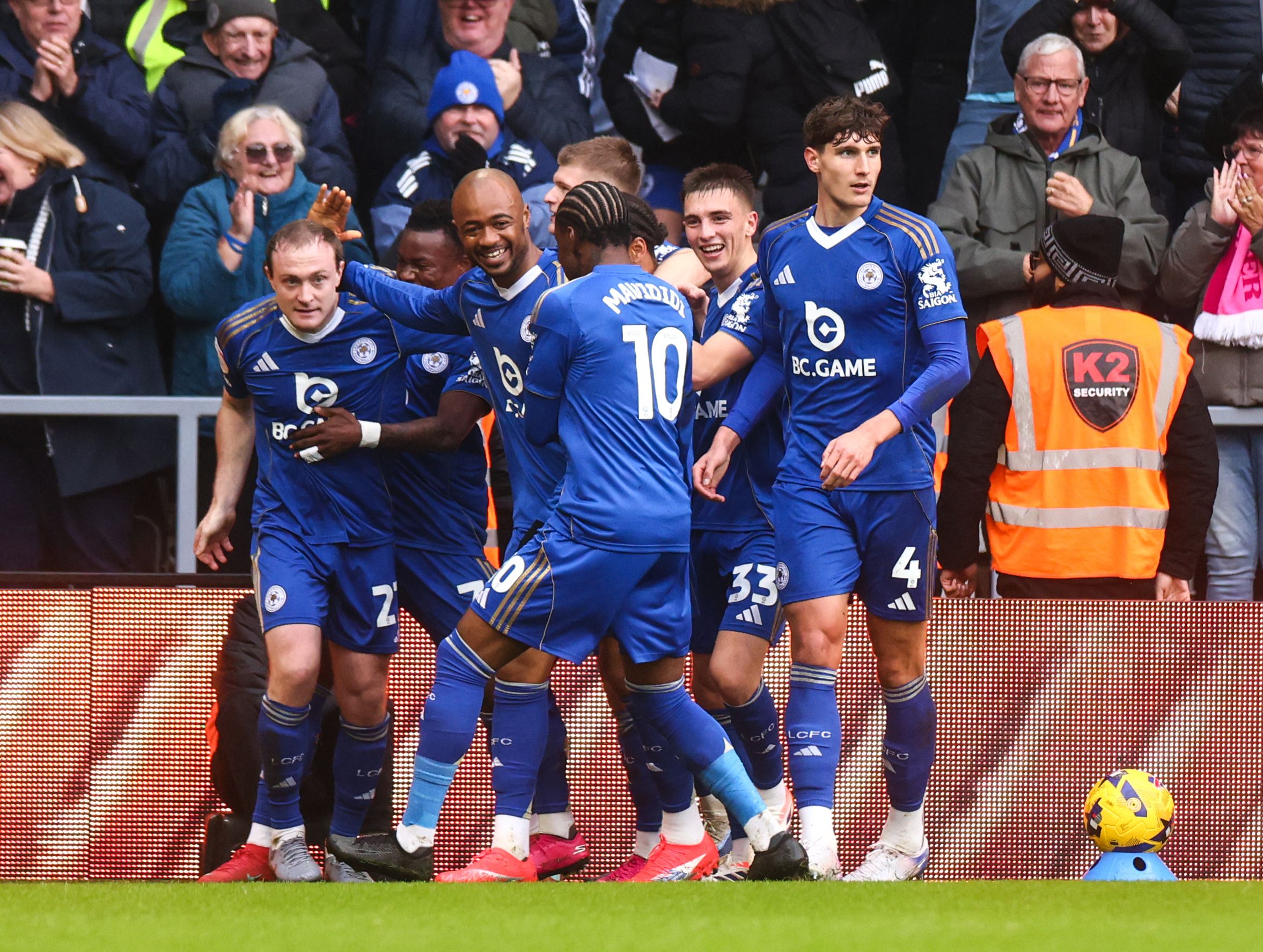 Several Leicester players celebrating a goal scored at Derby 