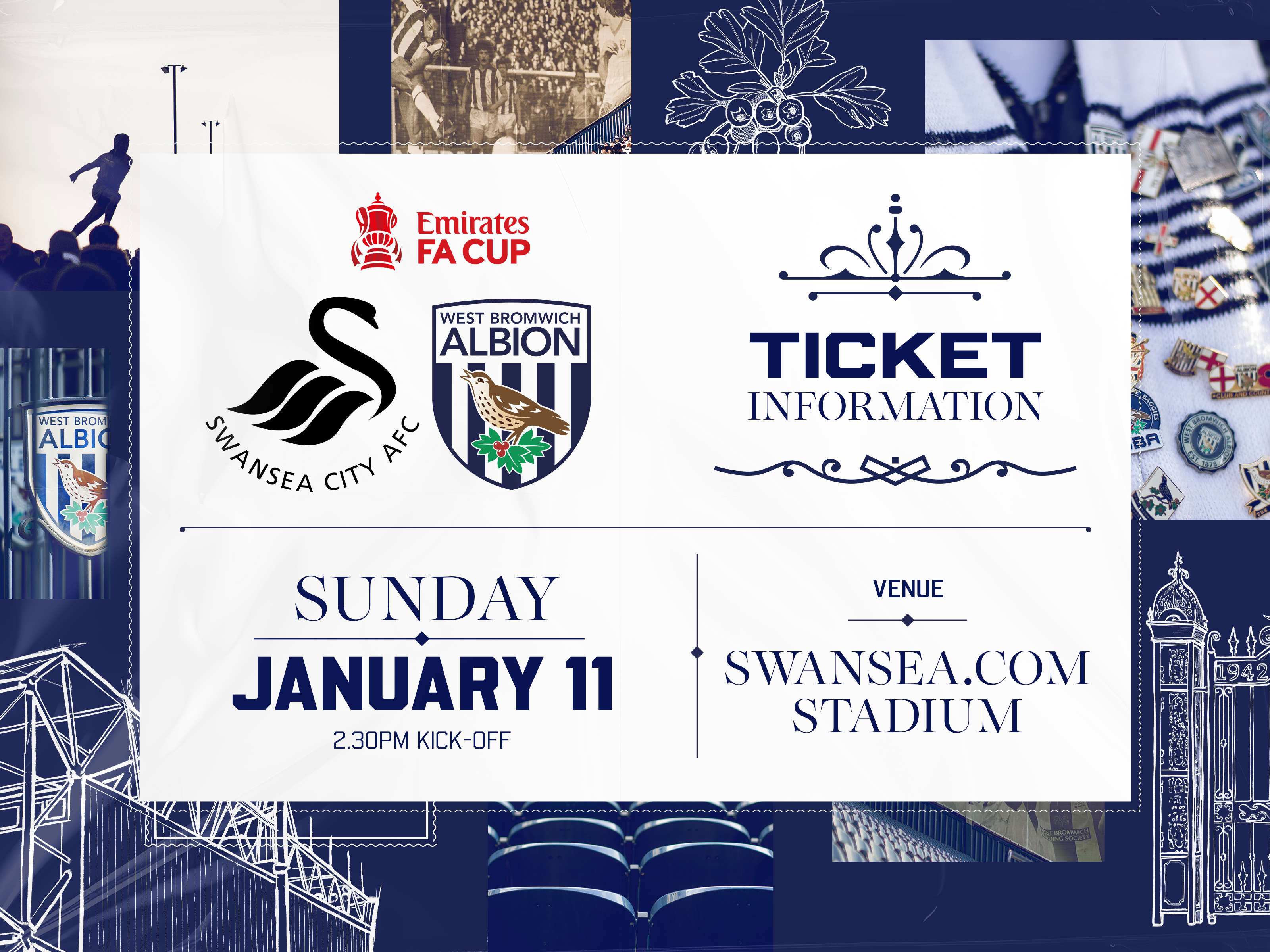 A ticket graphic for Albion's FA Cup third-round tie against Swansea City