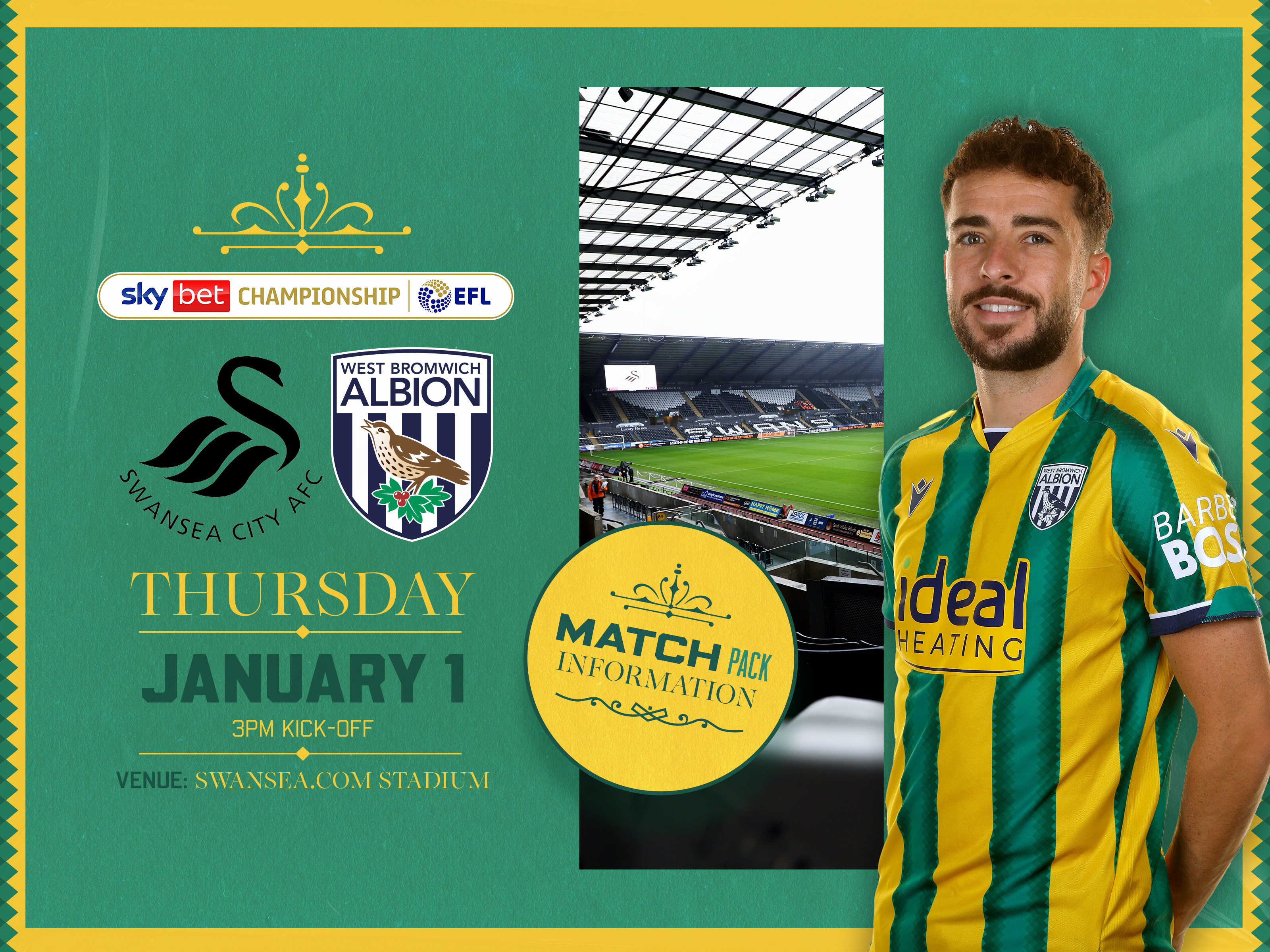 Away match pack graphic in green and yellow colours for Swansea game with both club badges on, an image of the Swansea.com Stadium and Mikey Johnston in the green and yellow kit smiling at the camera 