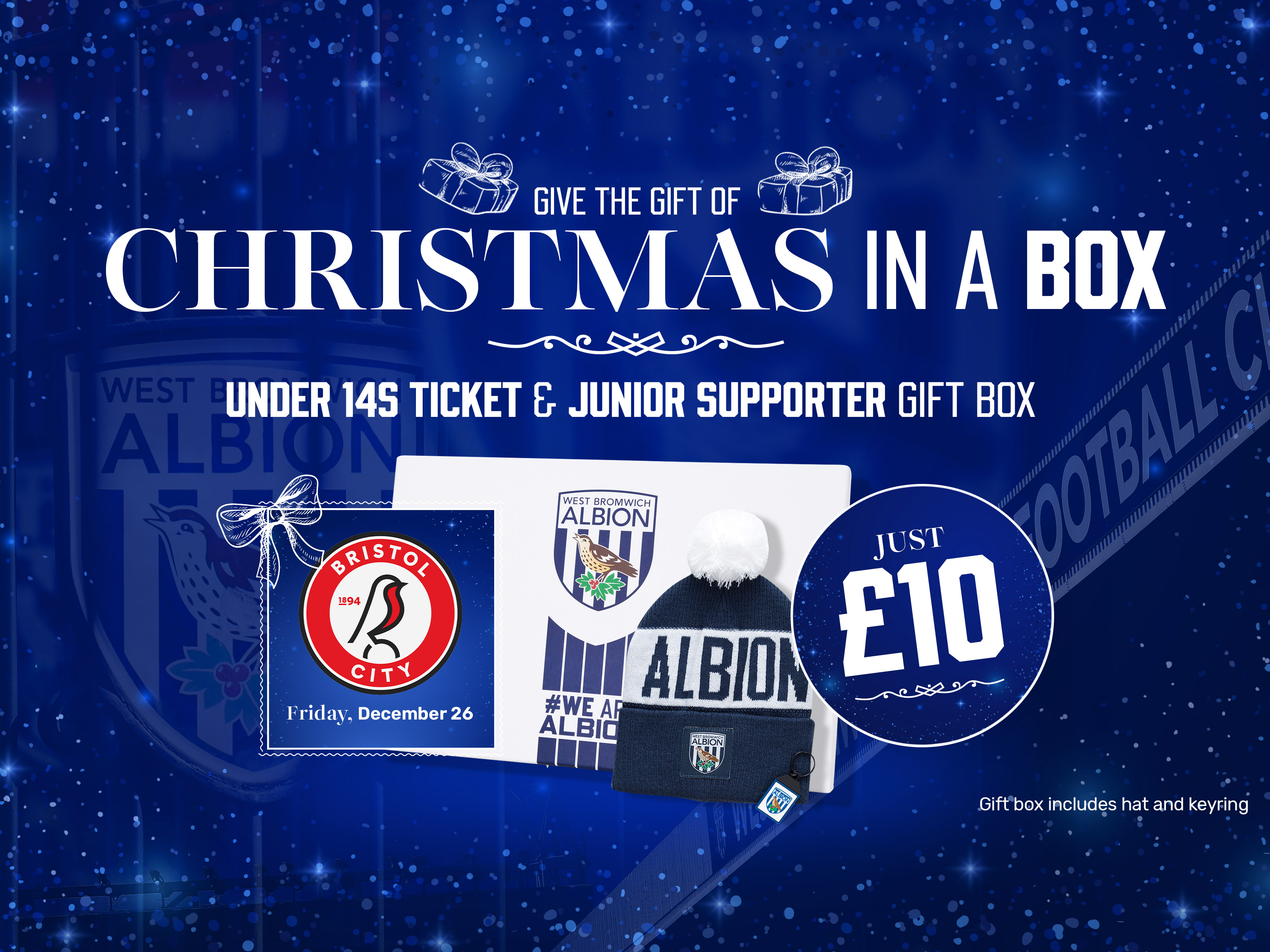 A ticket graphic displaying the Christmas Junior Supporter offer for Albion's game against Bristol City