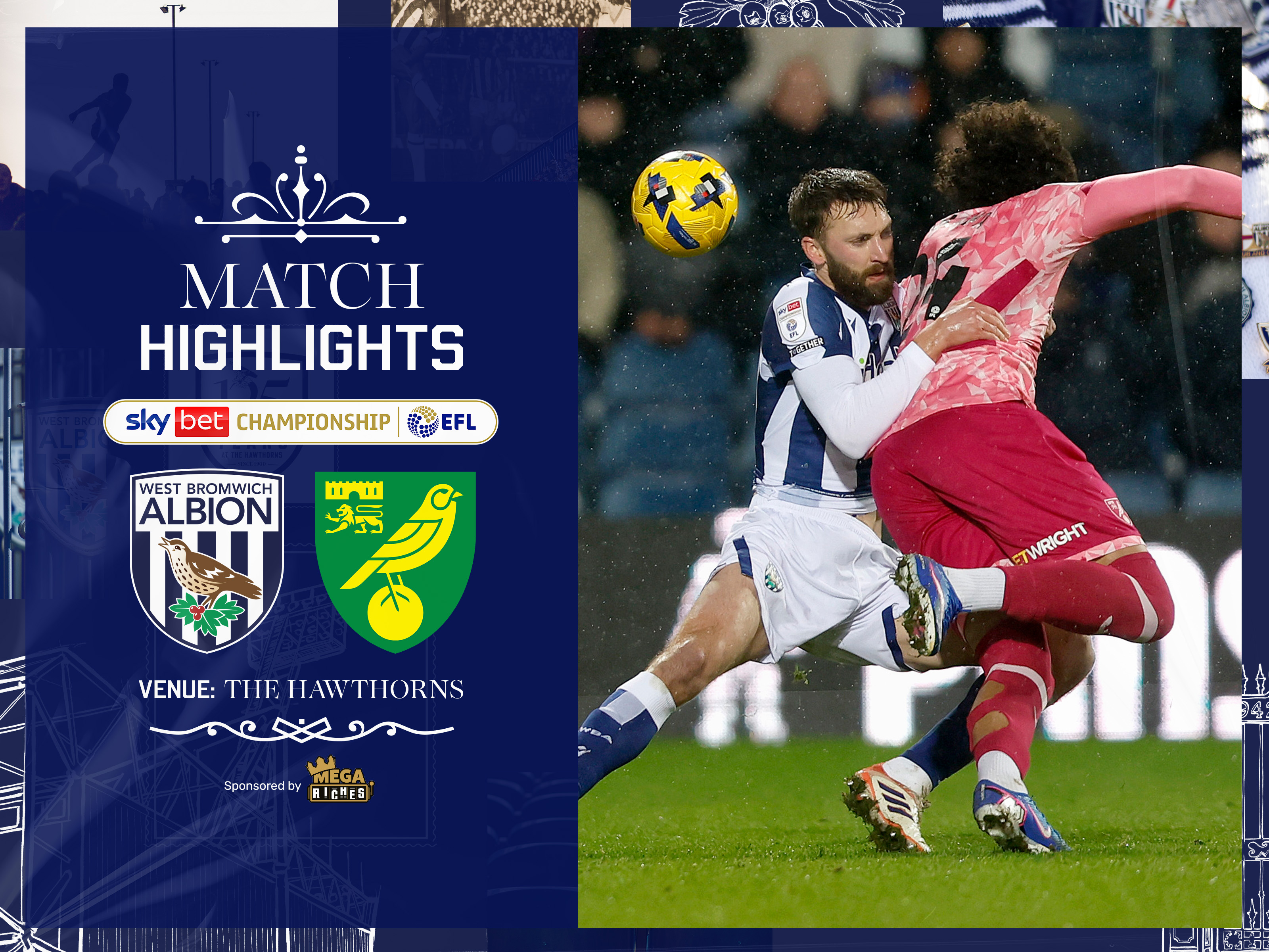 A match highlights graphic showing the badges of Albion and Norwich