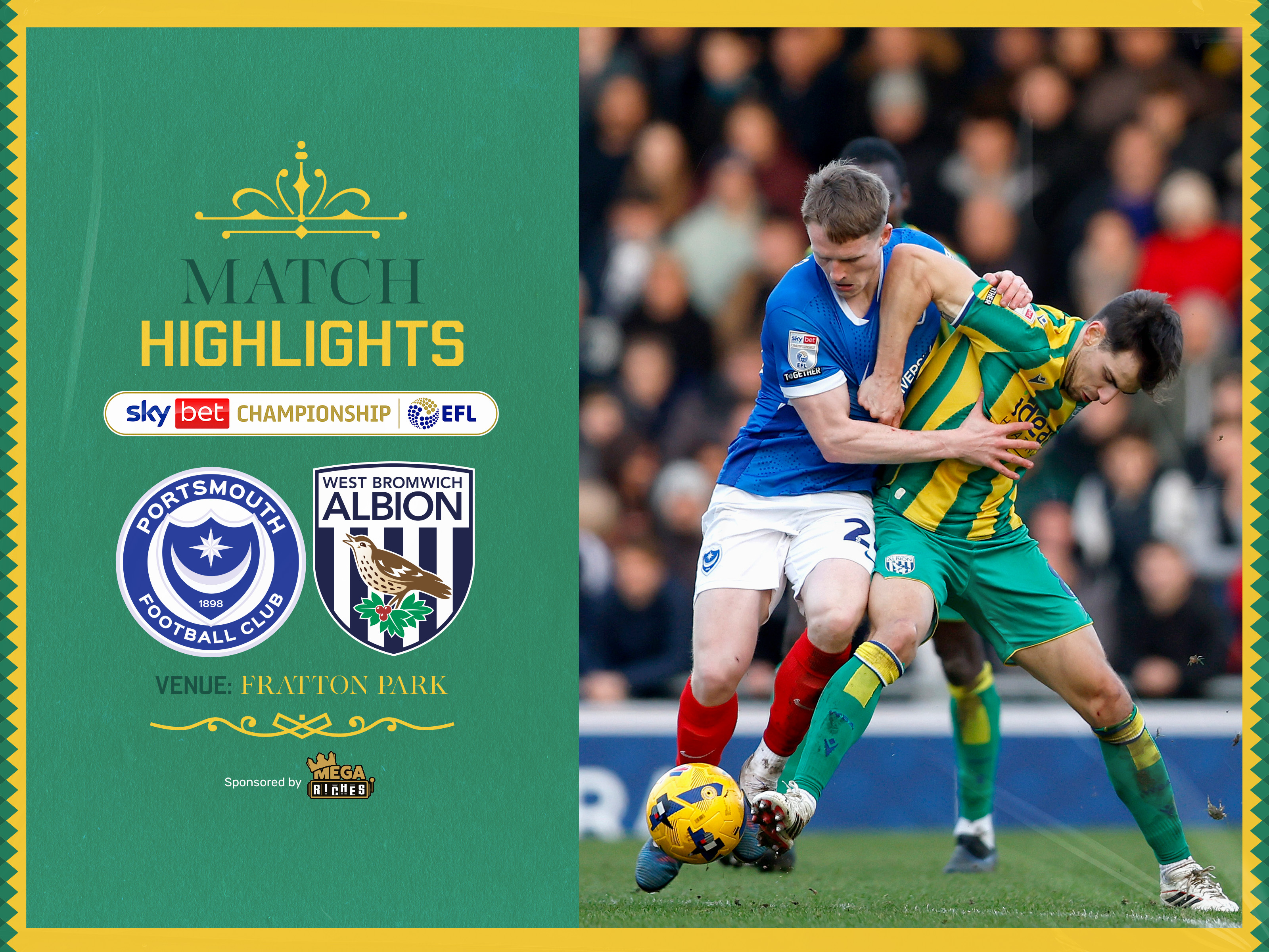 A match highlights graphic in the 2025/26 green and yellow away colours, showing the badges of Portsmouth and Albion
