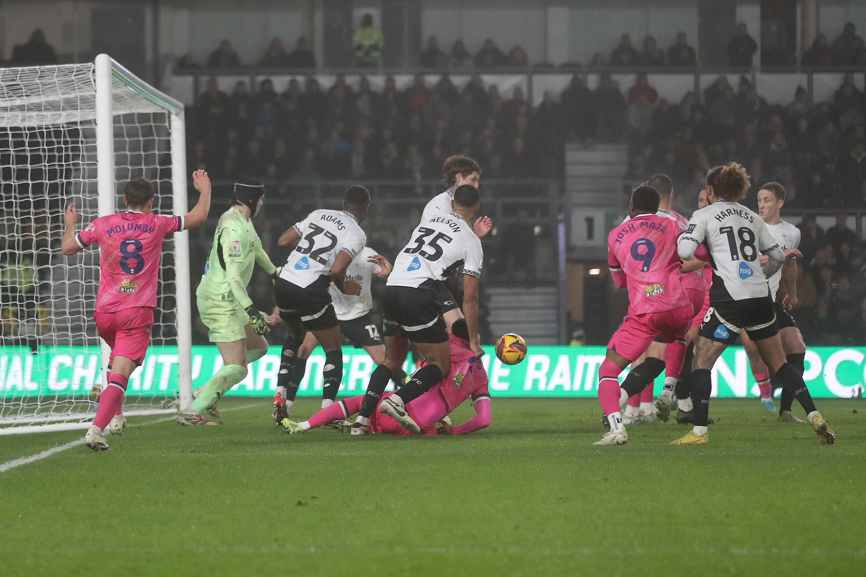 General action in the penalty area of Derby v WBA in December 2024