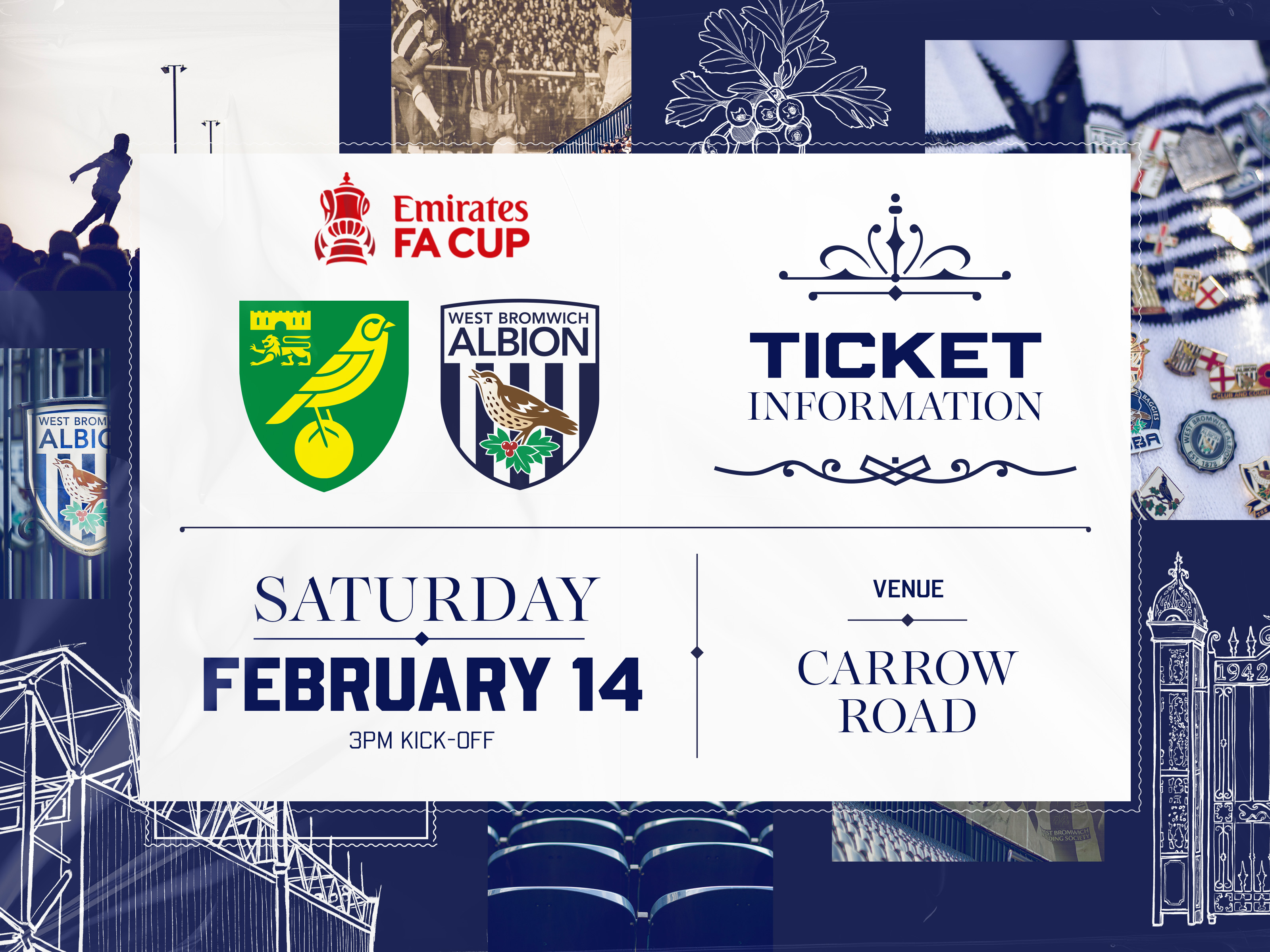 A ticket graphic displaying information for Albion's FA Cup game against Norwich