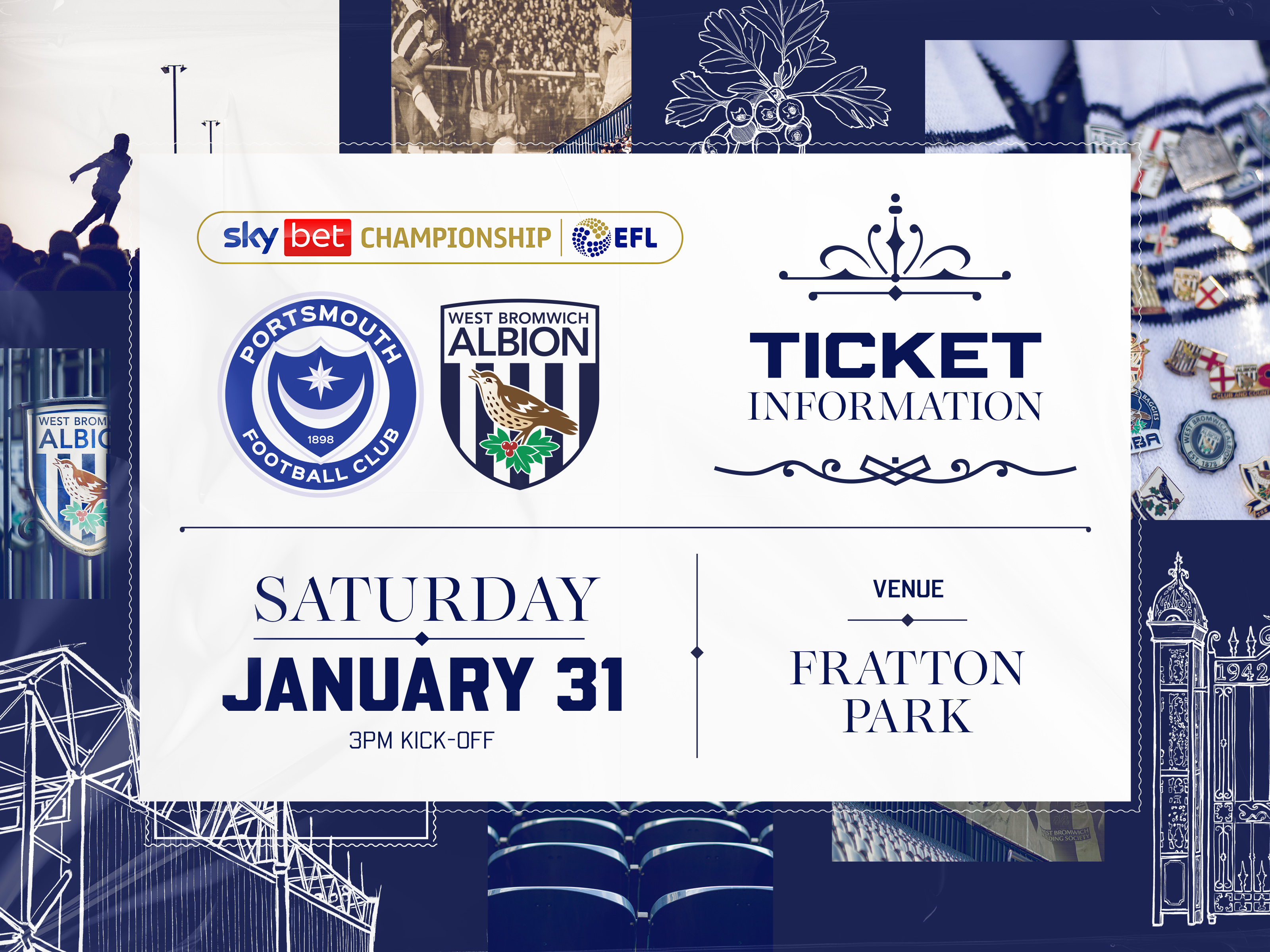 A ticket graphic displaying information for Albion's game against Portsmouth