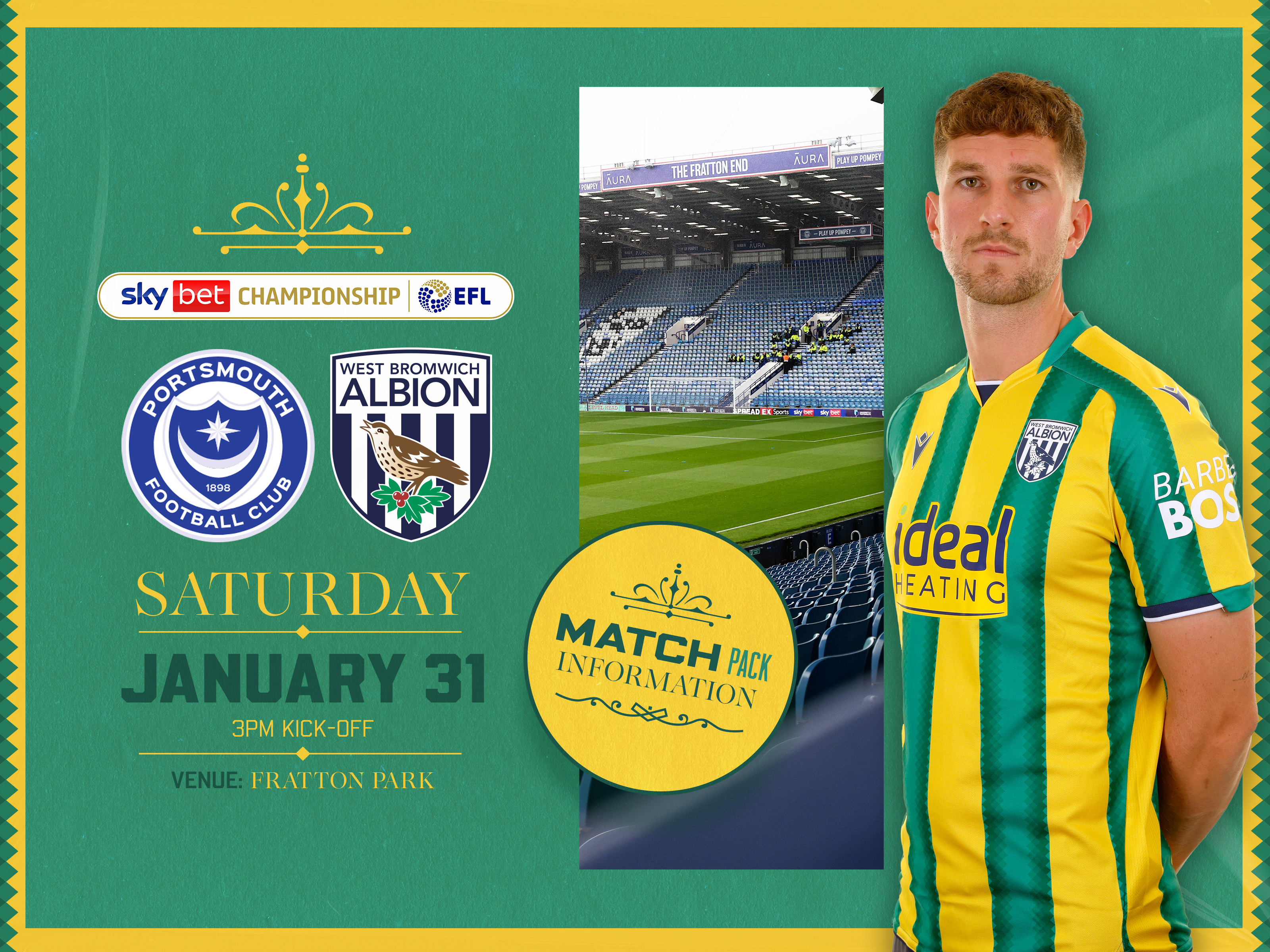 Away match pack graphic in green and yellow colours for Portsmouth game with both club badges on, an image of Fratton Park and Chris Mepham in the green and yellow kit smiling at the camera  