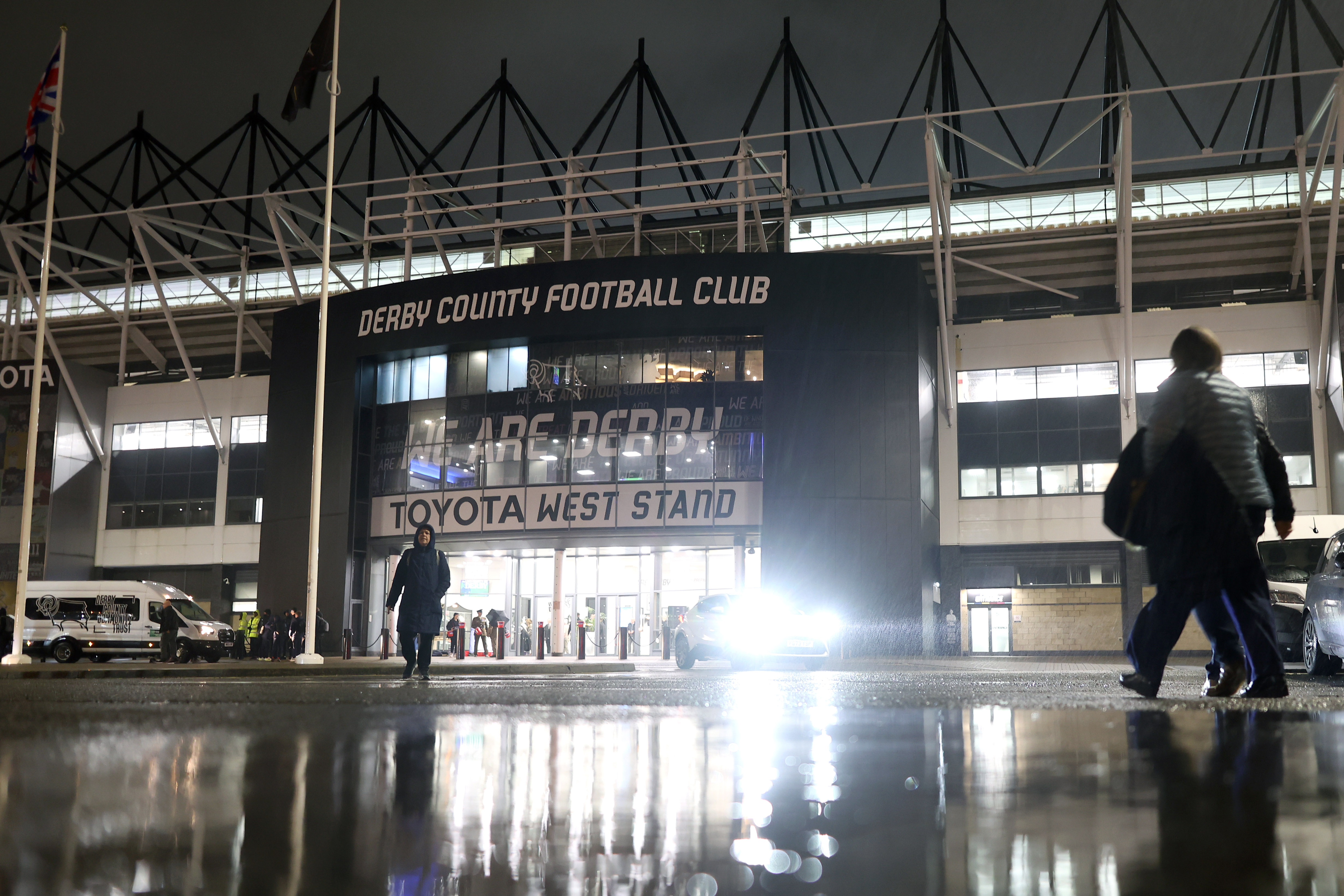 An image of the outside of Pride Park at night 