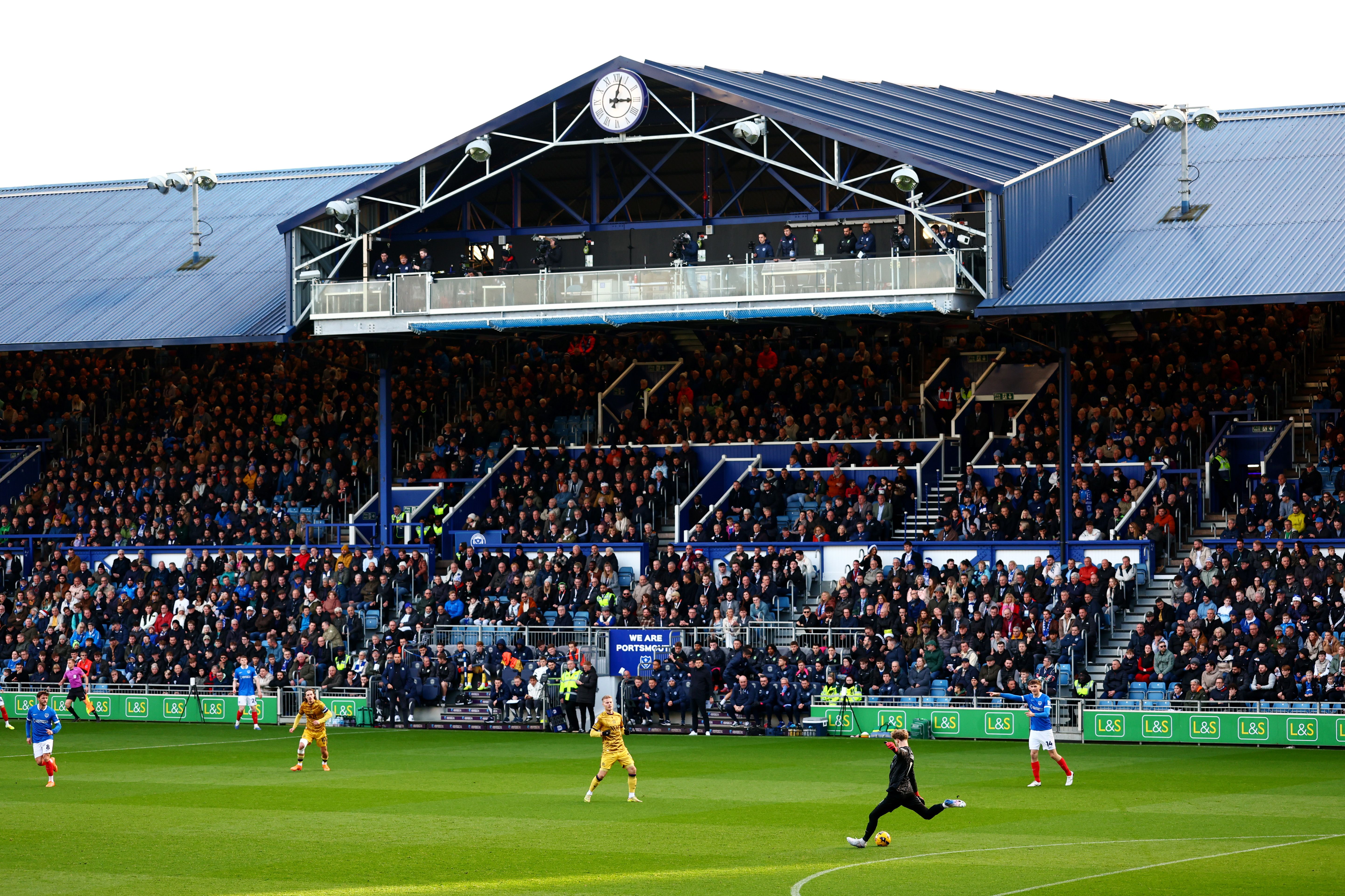 A general view of Fratton Park's main stand with a game going on