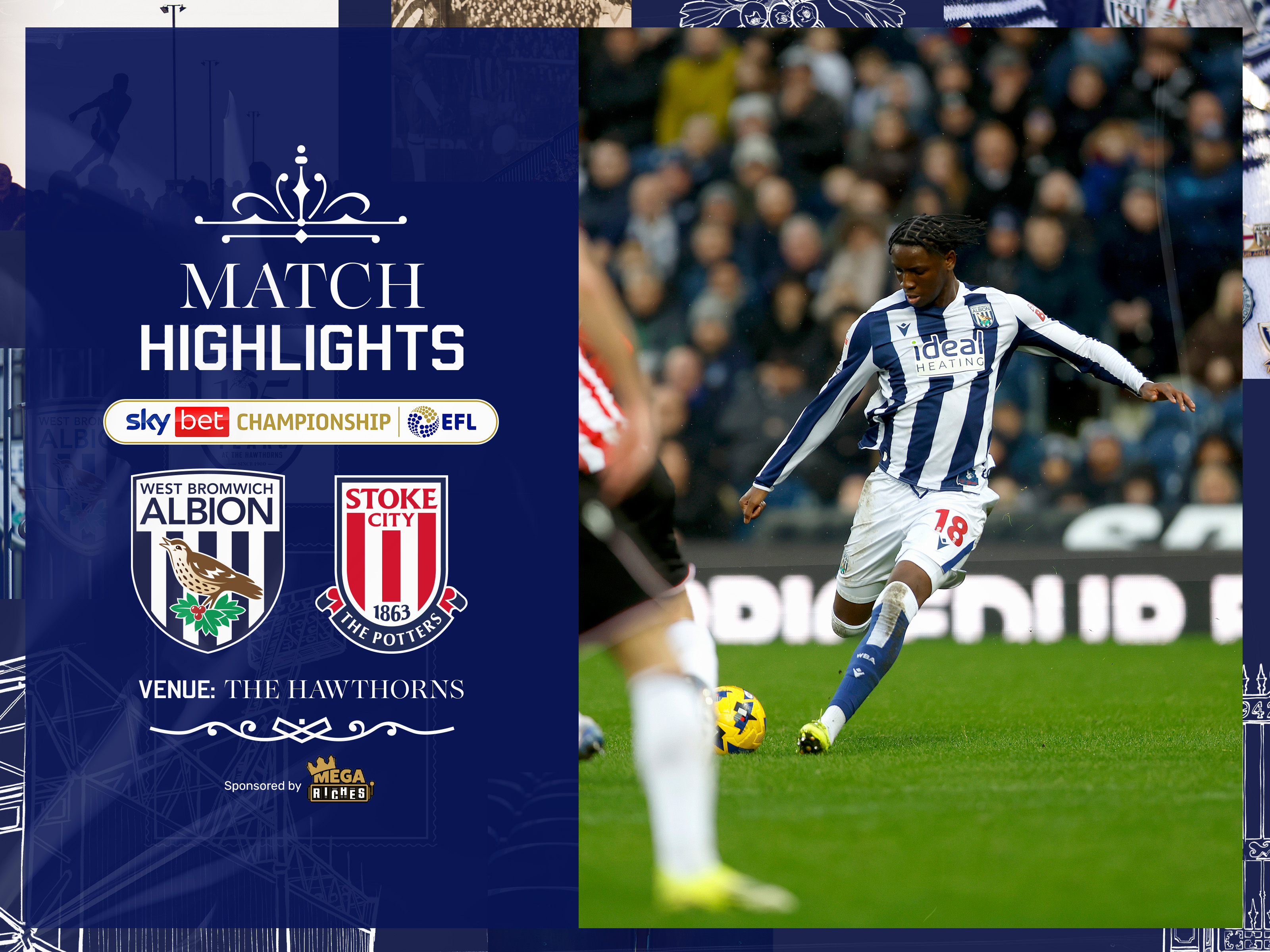 A match highlights graphic, showing the badges of Albion and Stoke City, and a match action photo