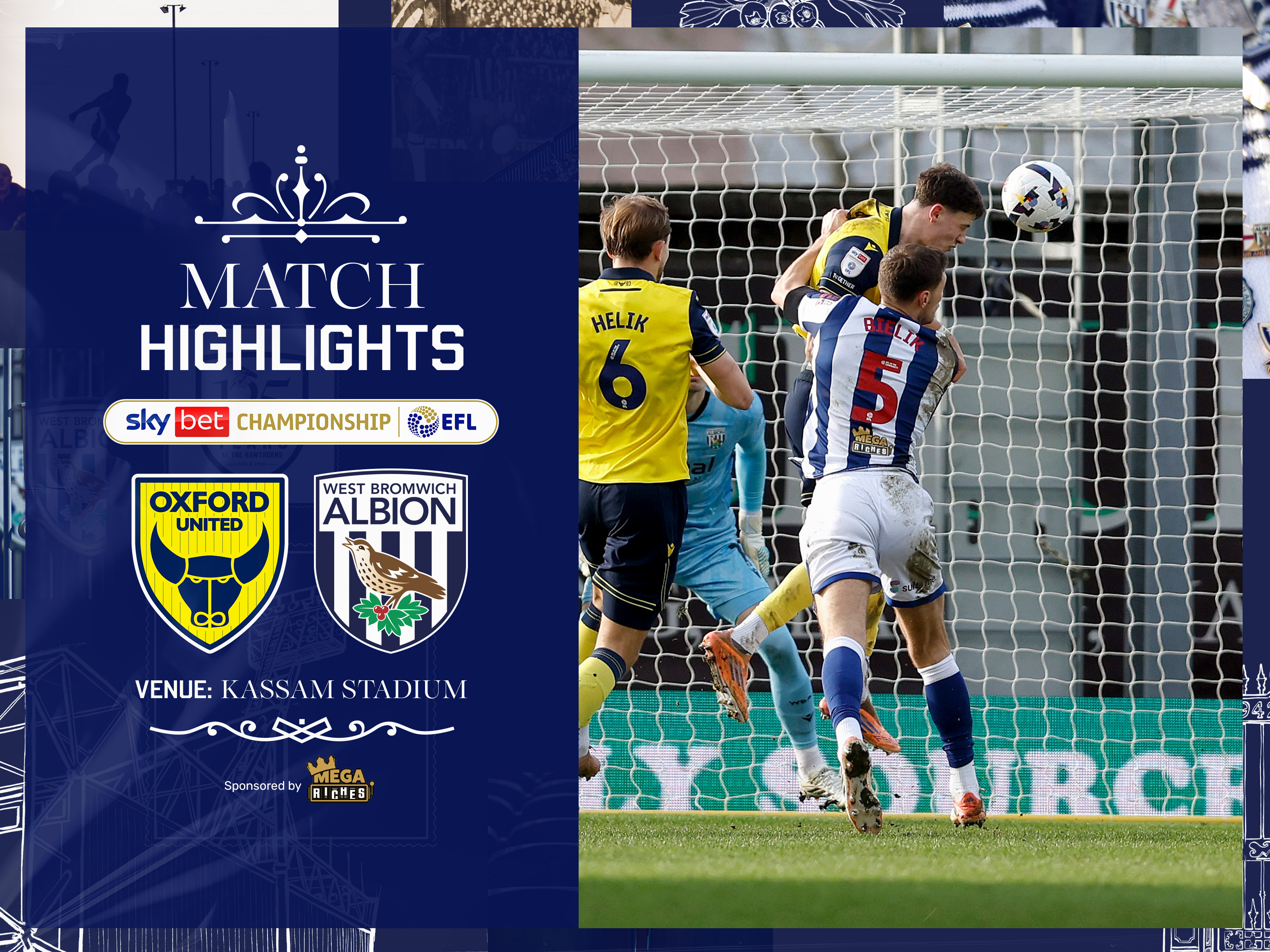 A match highlights graphic showing the badges of Oxford and Albion 