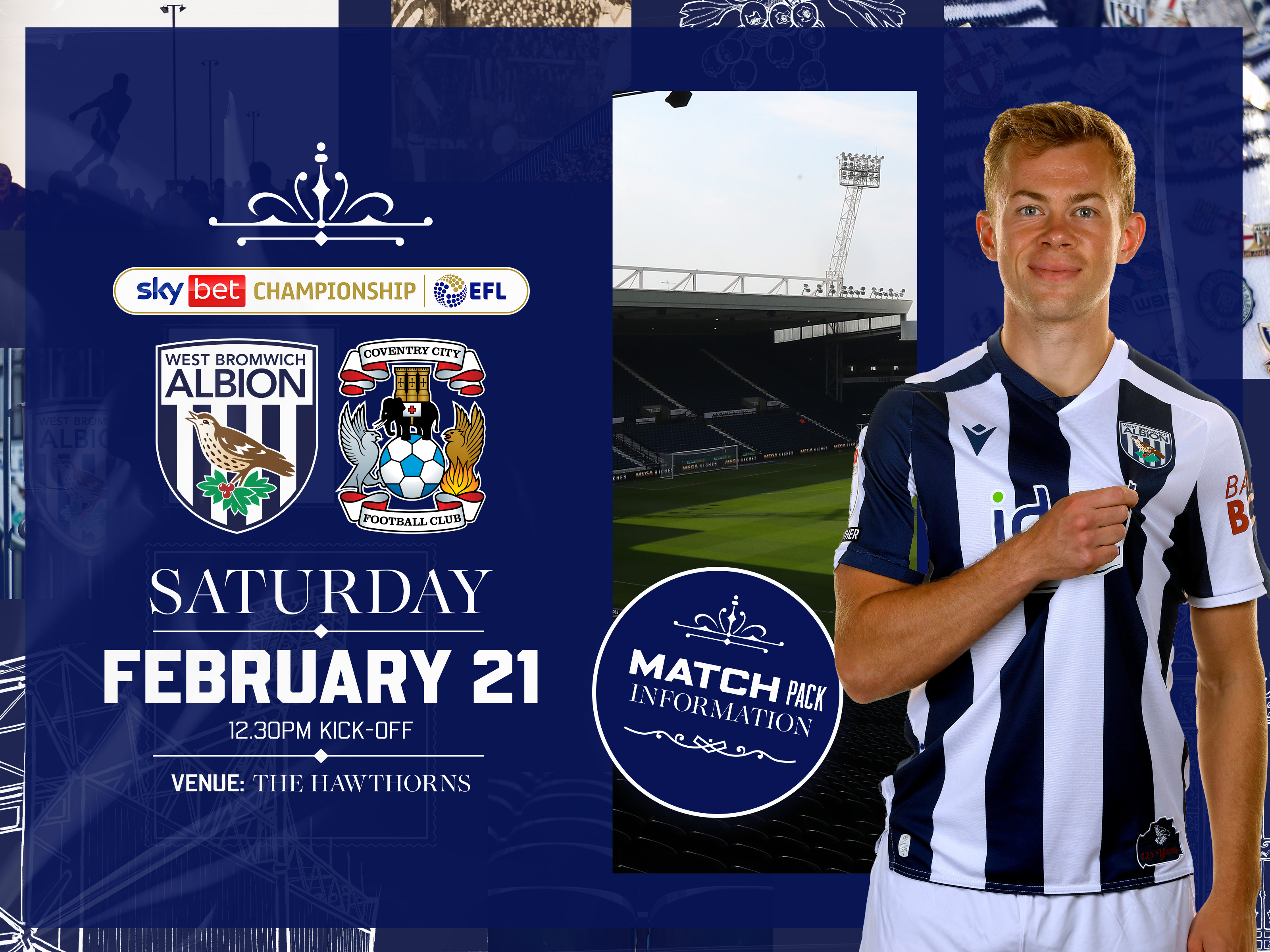Home match pack graphic for Coventry fixture with both club badges on, an image of The Hawthorns and an image of Aune Heggebø smiling at the camera in the home kit   