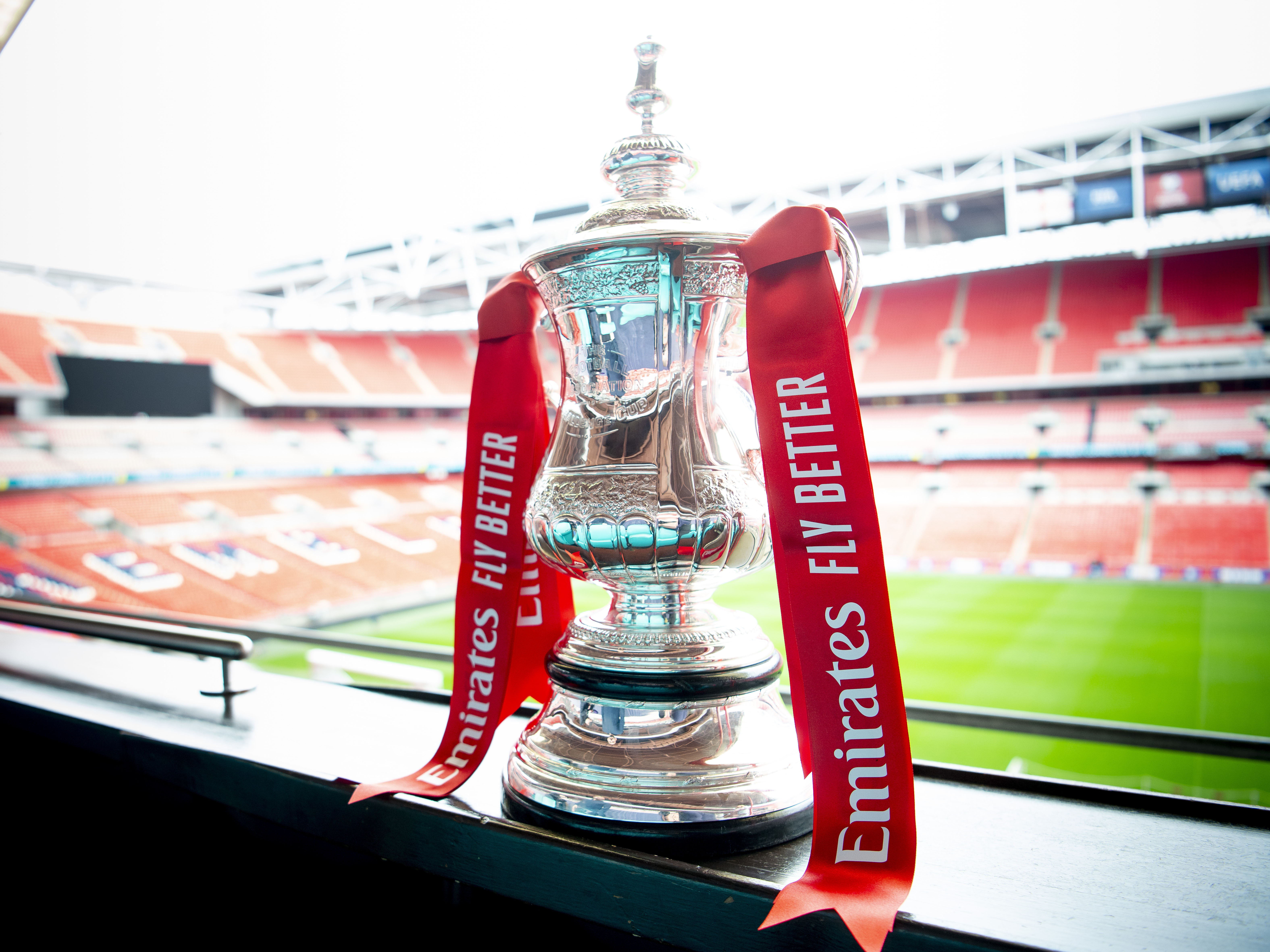 An image of the Emirates FA Cup trophy at Wembley Stadium