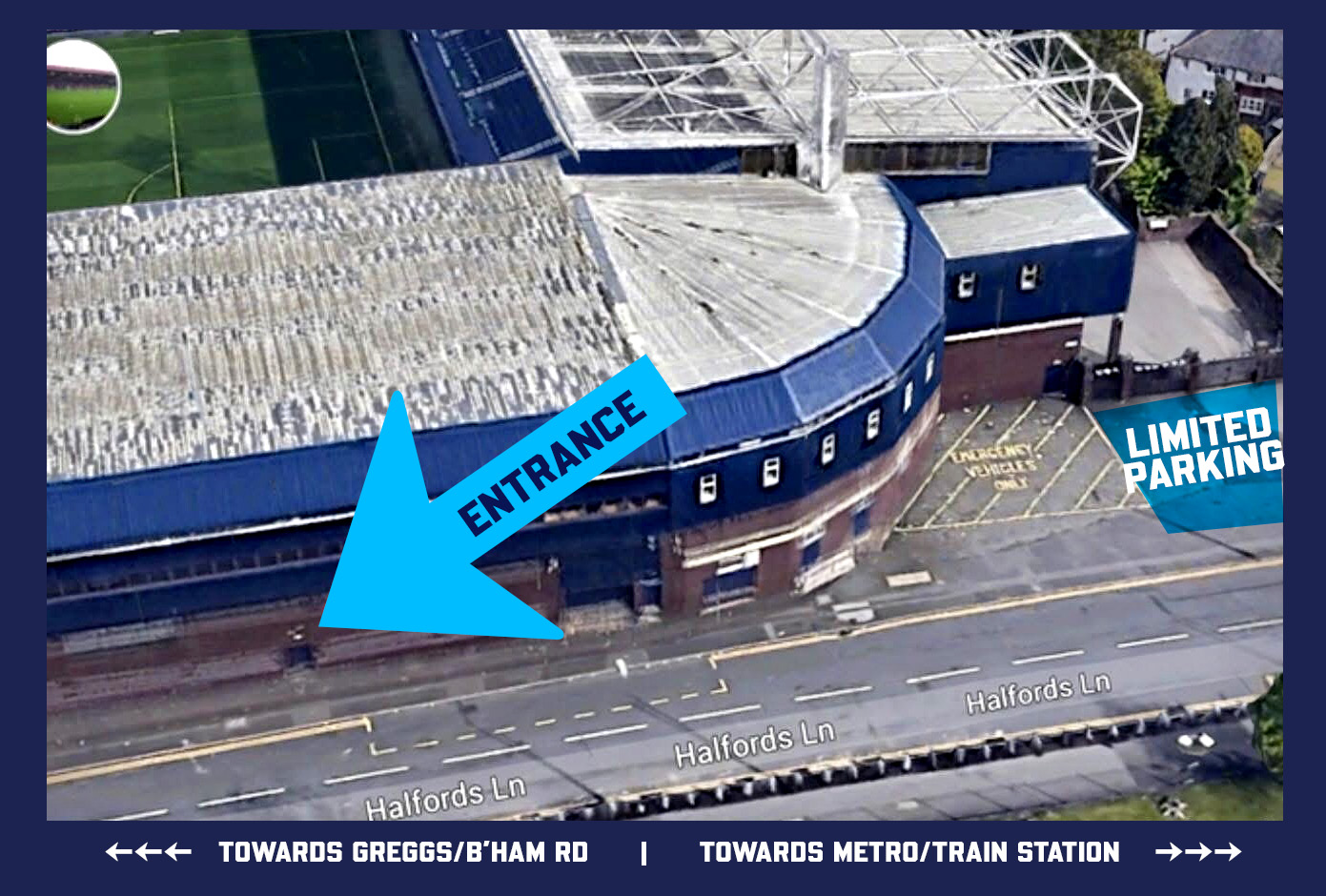 Arial map of West stand showing the directions to Hawthorns hub entrance.