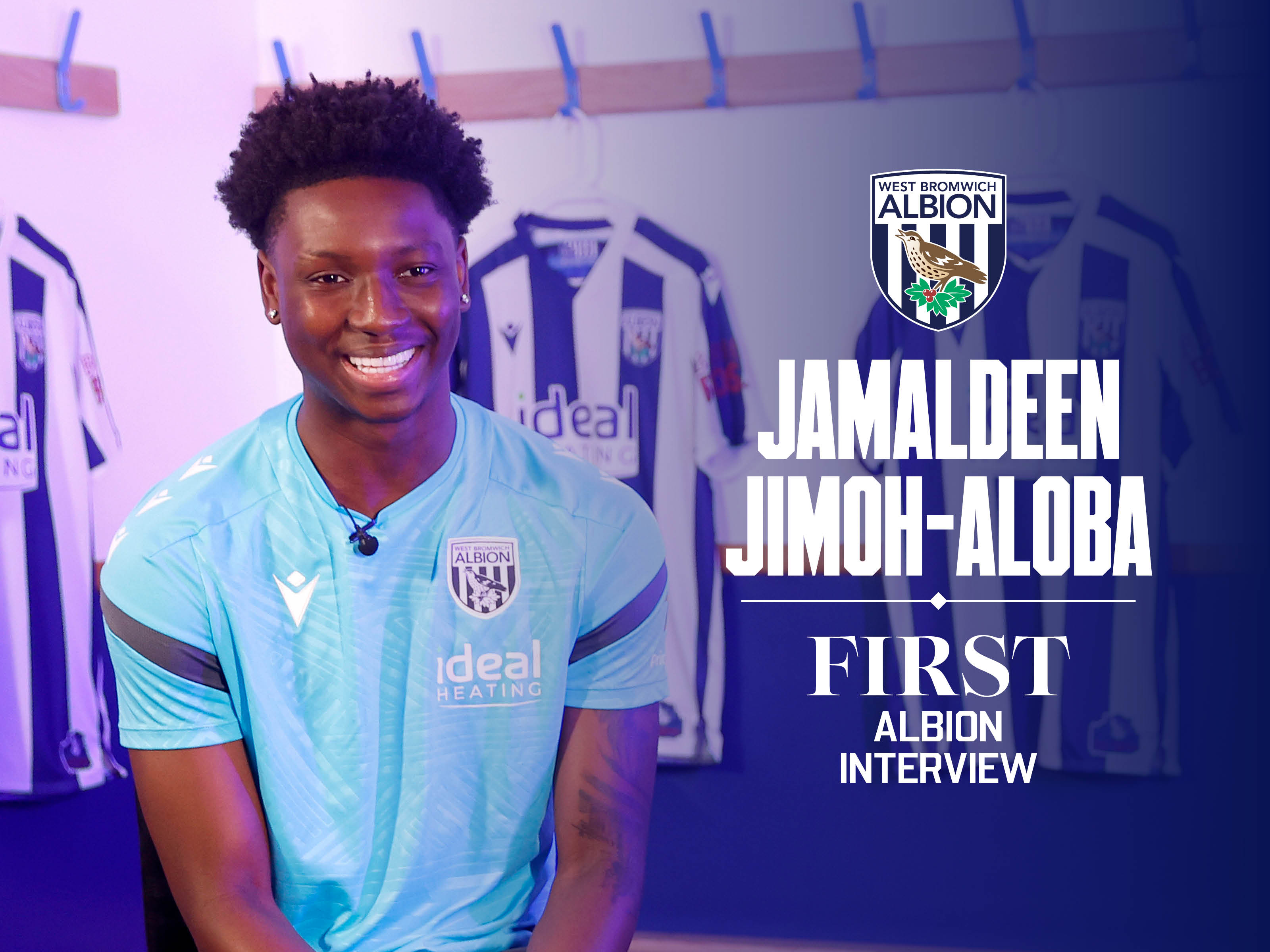 Jamaldeen Jimoh-Aloba smiling while being interviewed by WBA TV with the words 'Jamaldeen Jimoh-Aloba, the first Albion interview' written on