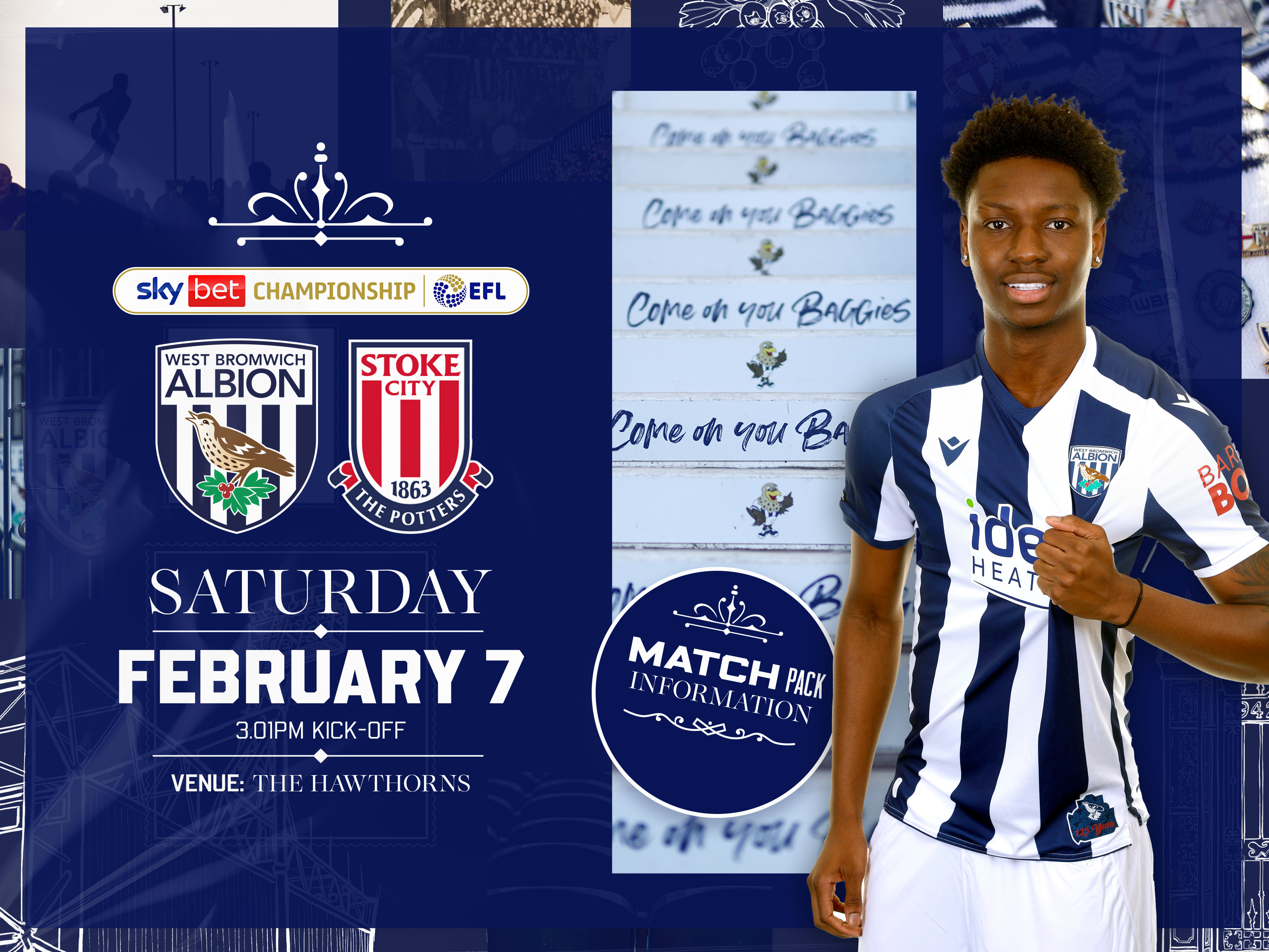 Home match pack graphic for Stoke fixture with both club badges on, an image of steps The Hawthorns and an image of Jamaldeen Jimoh-Aloba smiling at the camera in the home kit   