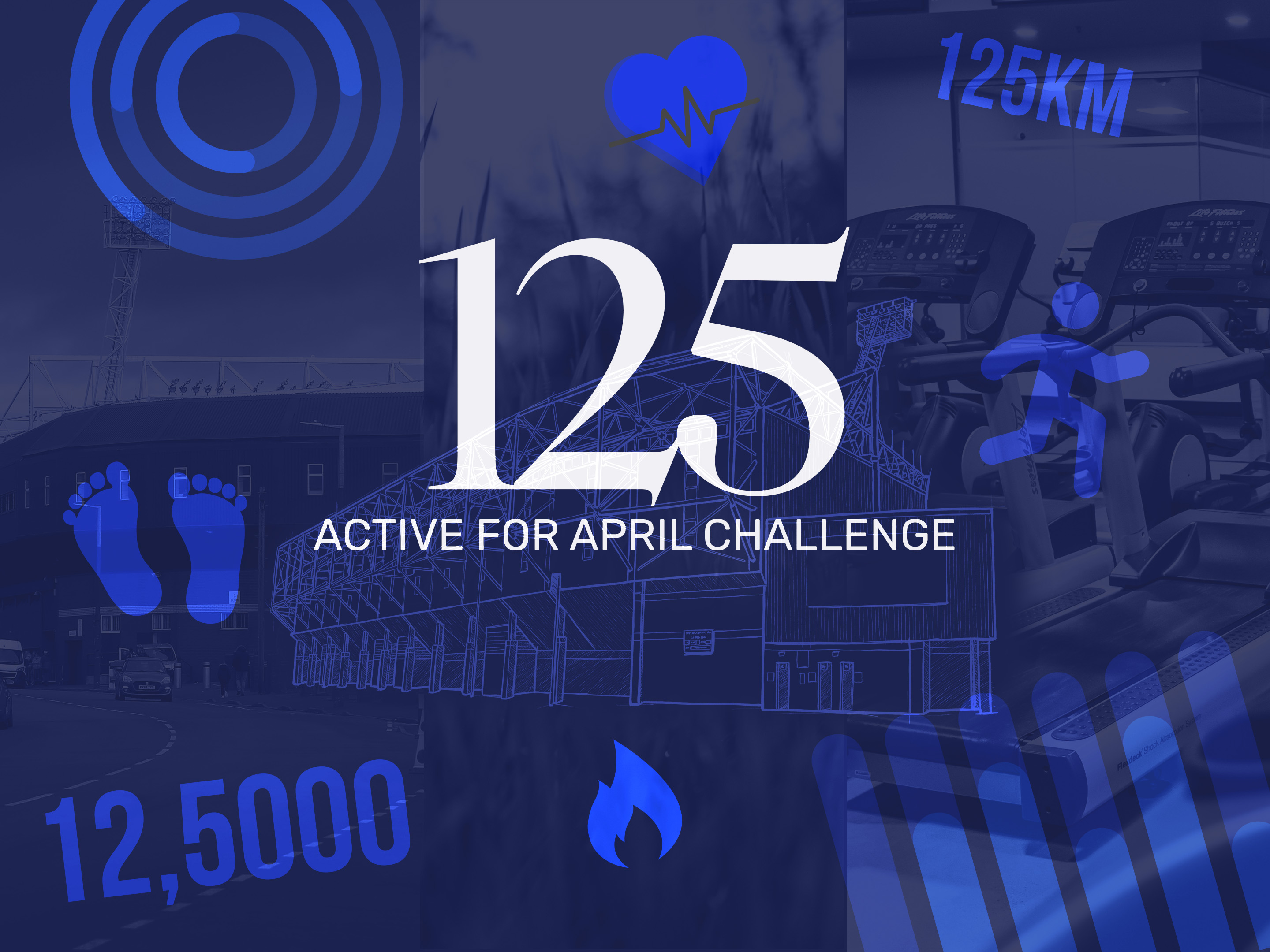 125 Active for April Challenge title on a blue background with fitness icons