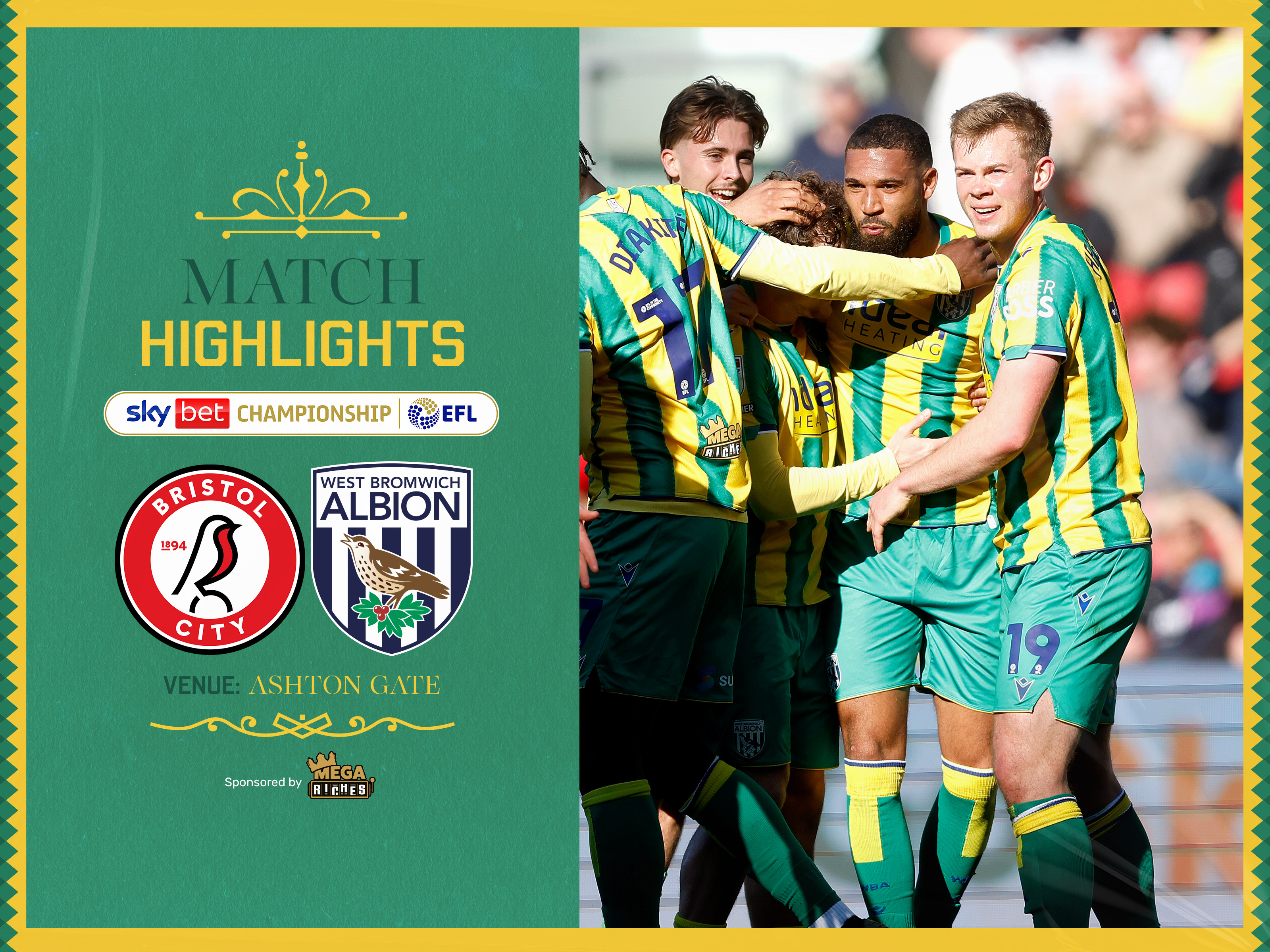 A match highlights graphic in the 2025/26 green and yellow away colours, showing the badges of Bristol City and Albion