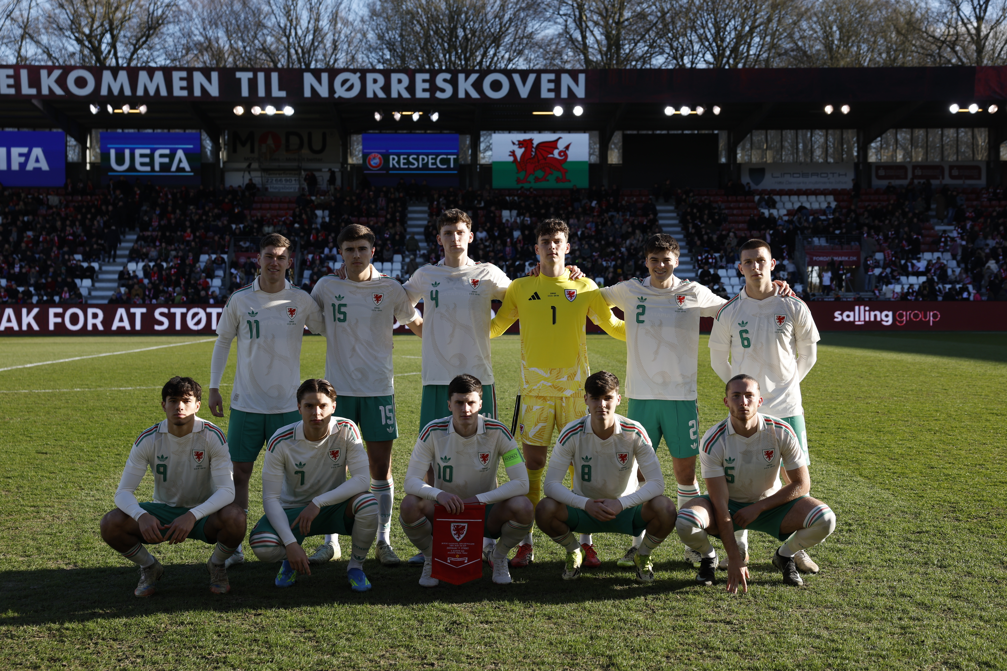 Alex Williams lining up for Wales U21s against Denmark.