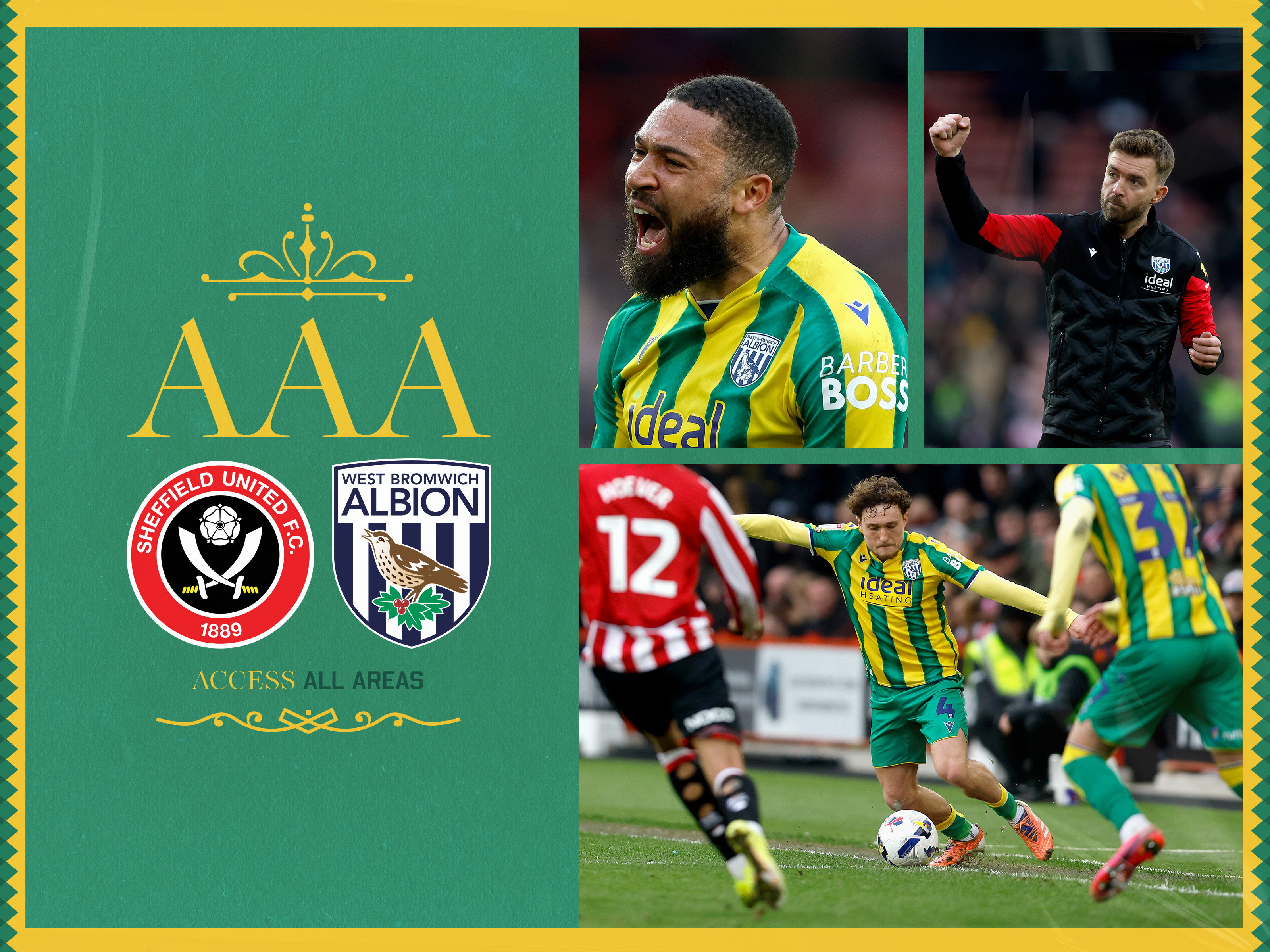 AAA graphic for Sheffield United game in green and yellow colours with three match images on