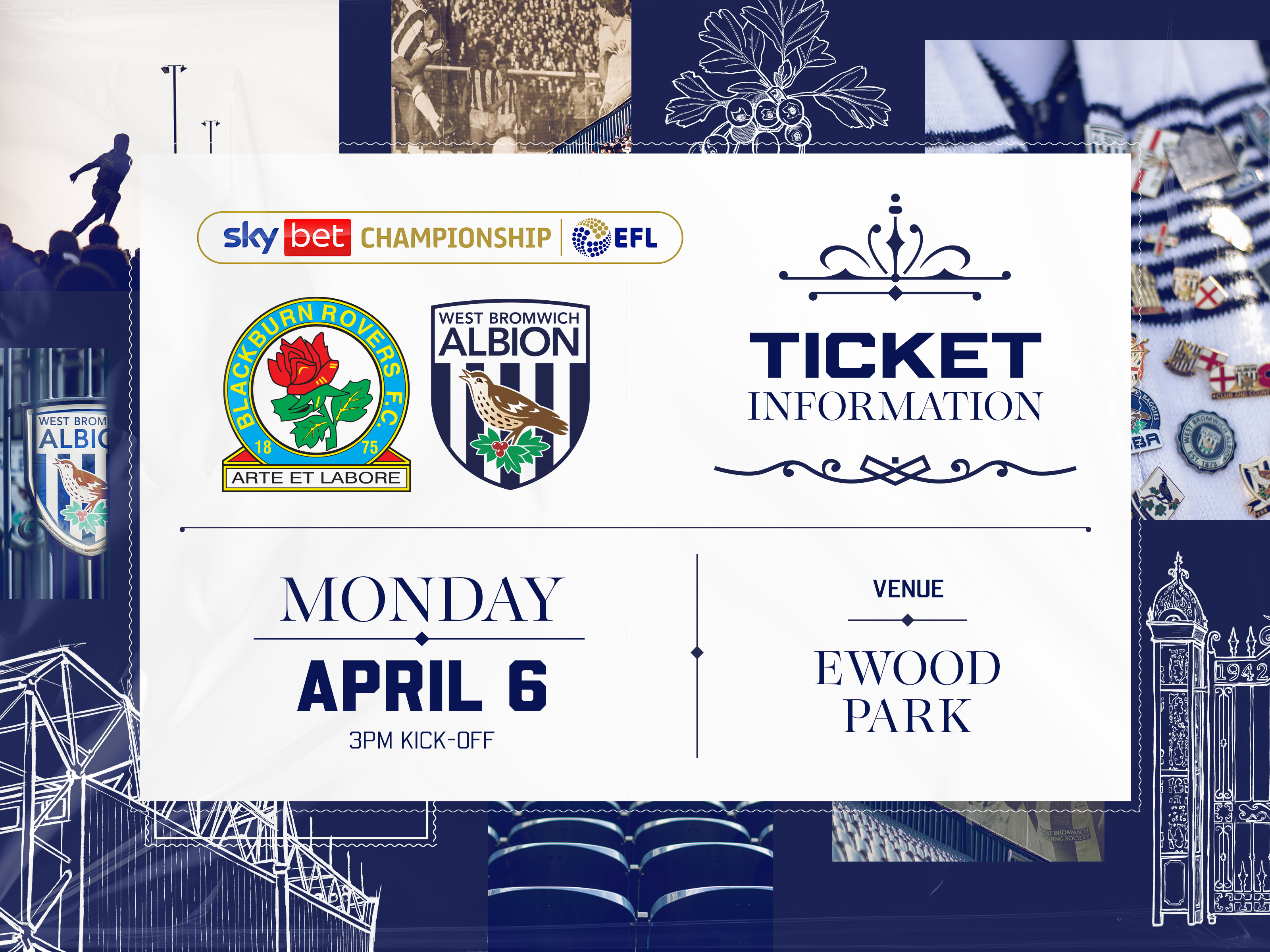 A ticket graphic displaying information for Albion's game against Blackburn