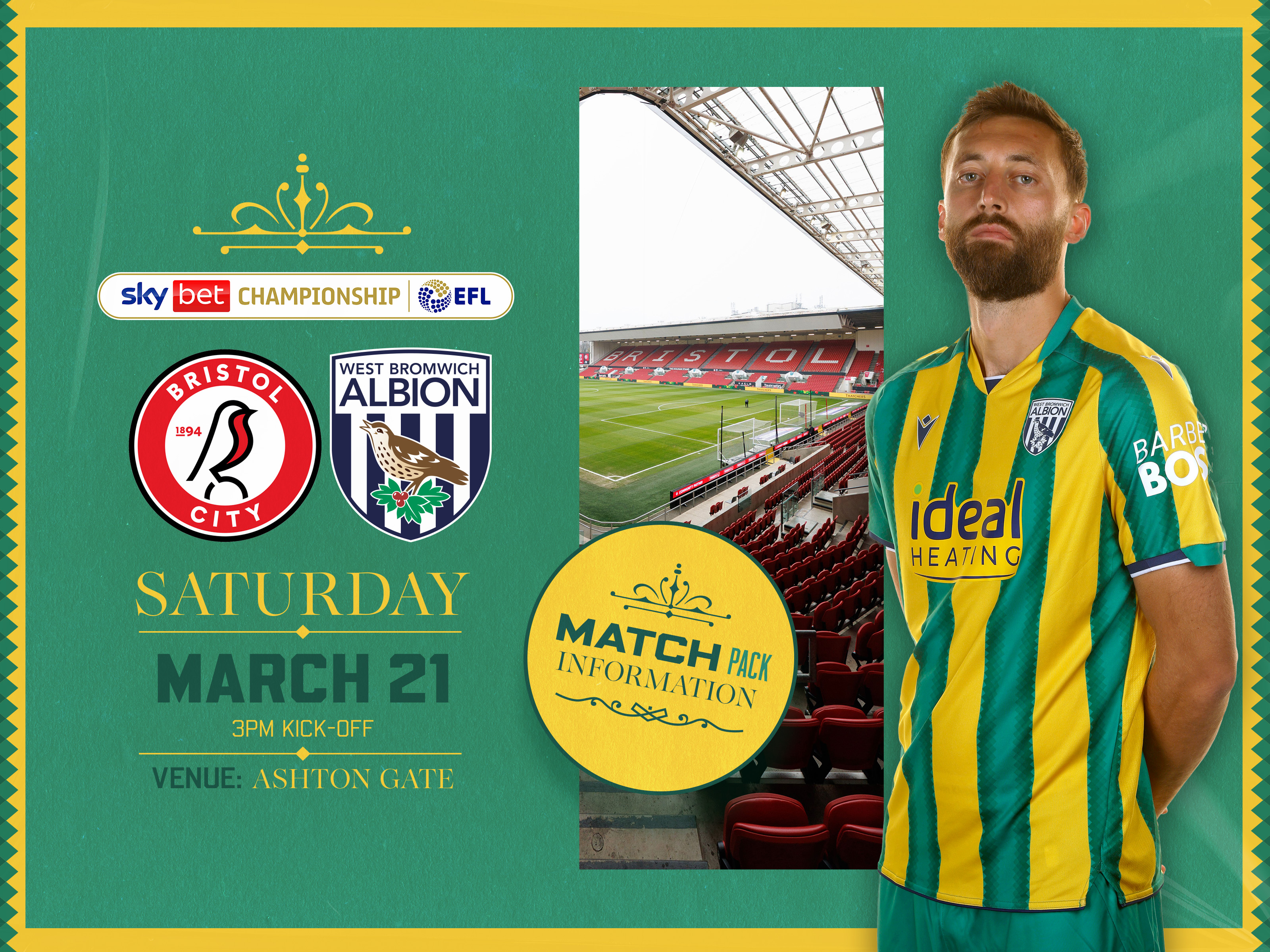 Away match pack graphic in green and yellow colours for Bristol City game with both club badges on, an image of Ashton Gate and Nat Phillips in the green and yellow kit smiling at the camera 