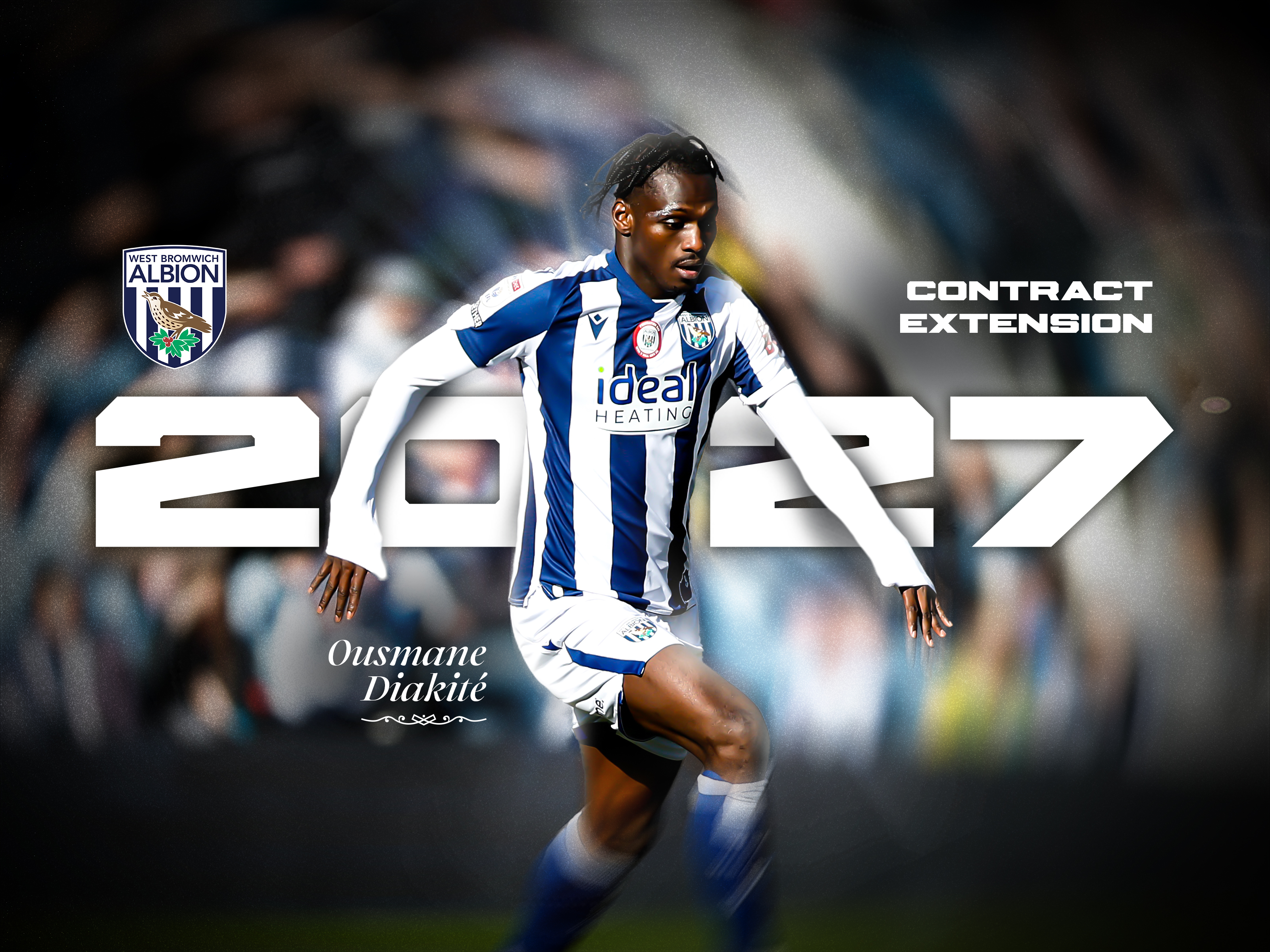 Ousmane Diakité contract extension graphic with an image on of him in action in the home kit 