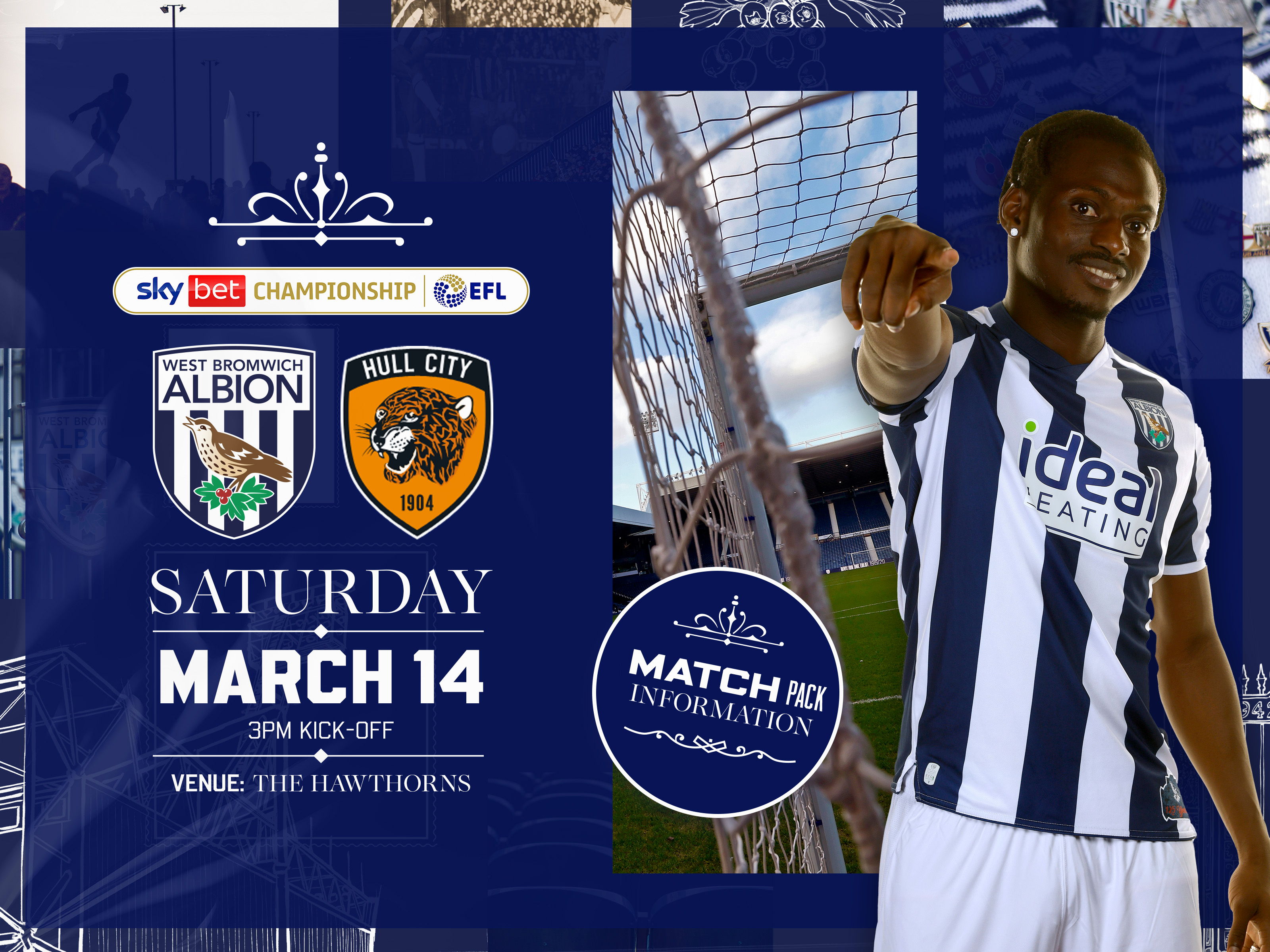 Home match pack graphic for Hull City fixture with both club badges on, an image of Ousmane Diakité smiling and pointing at the camera while stood in the home kit and a photo of The Hawthorns through a goal net 