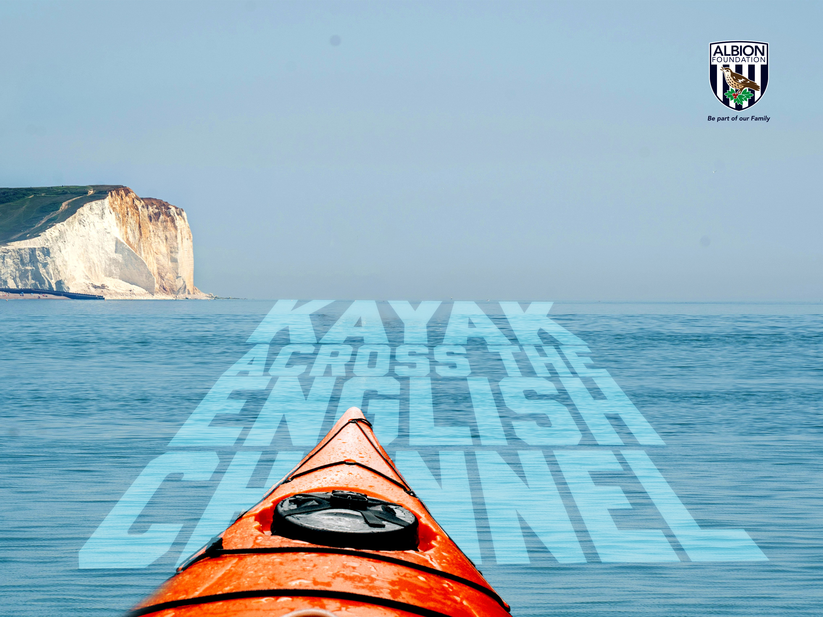 Front of a kayak with title of challenge on the sea, with cows in the background.