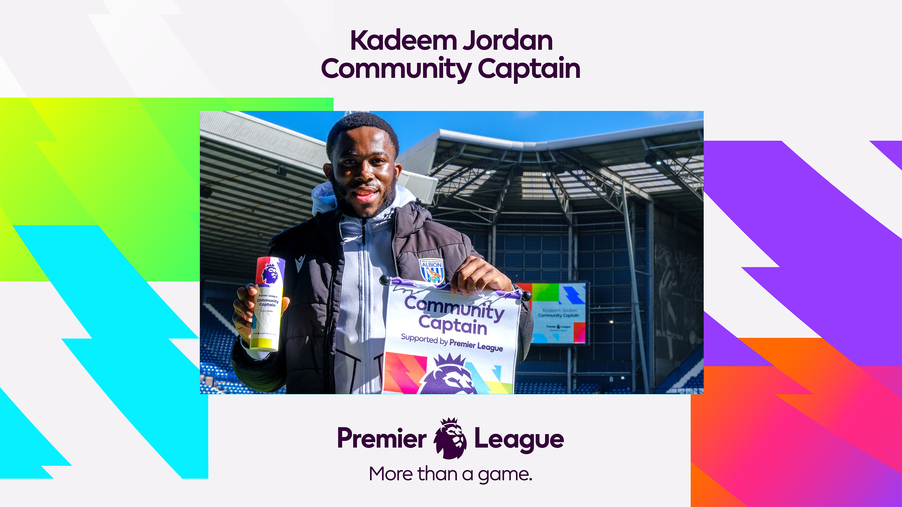 Kadeem Jordan holding Premier League Community Captain trophy and pendant with Premier League branding.