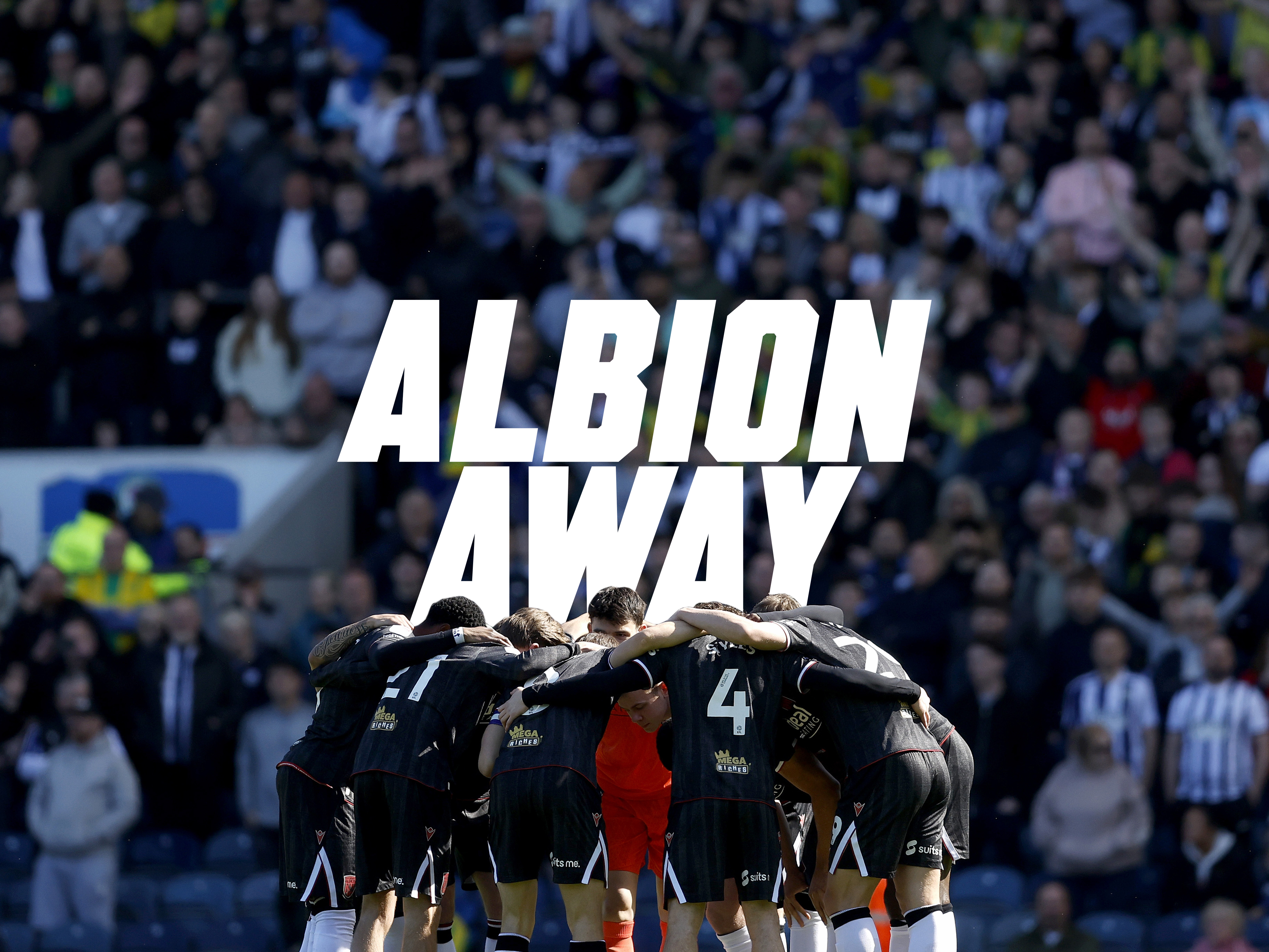 Albion Away graphic with an image of the team huddle before the Blackburn game 