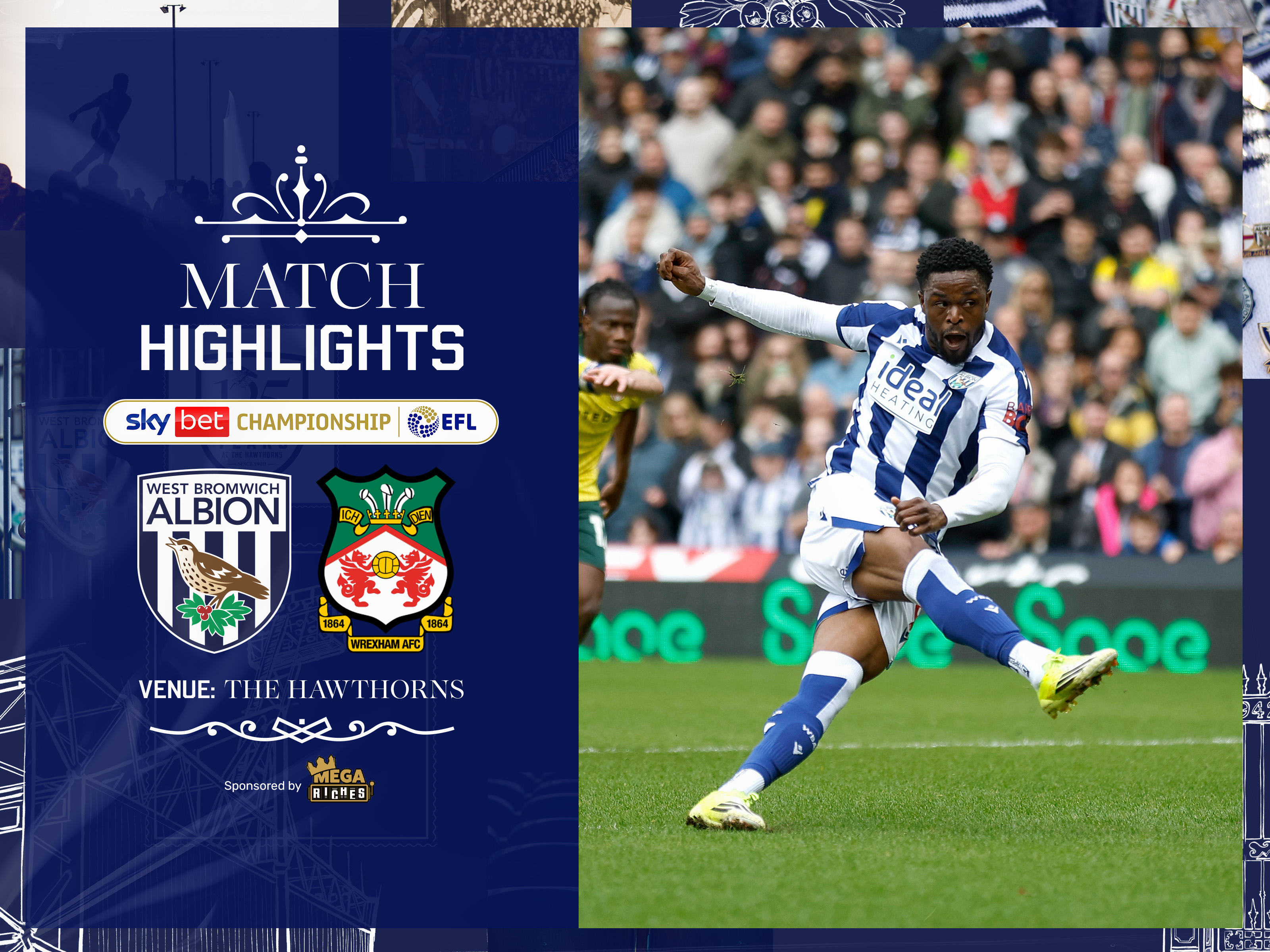 A match highlights graphic showing the badges of Albion and Wrexham and a photo of Josh Maja