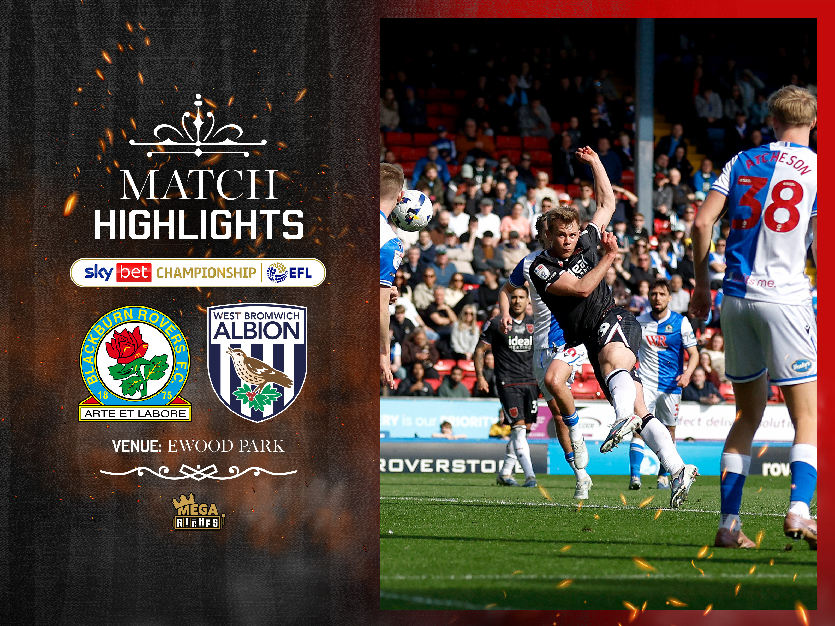 A match highlights graphic, in the 2025/26 black and red away colours, showing the badges of Blackburn and Albion