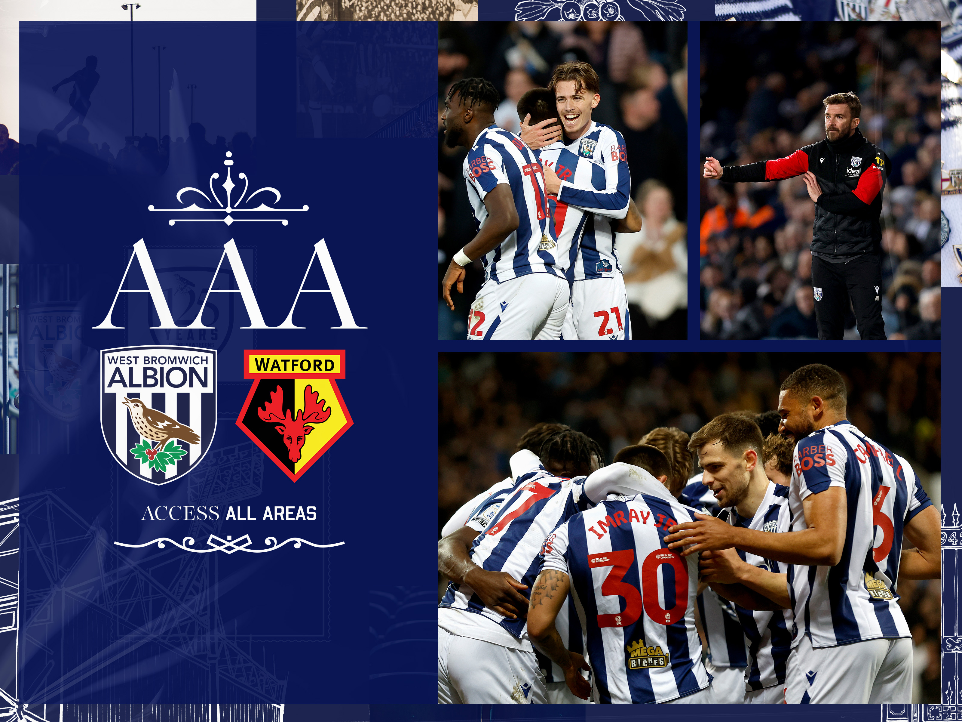 An AAA graphic with the badges of Albion and Watford