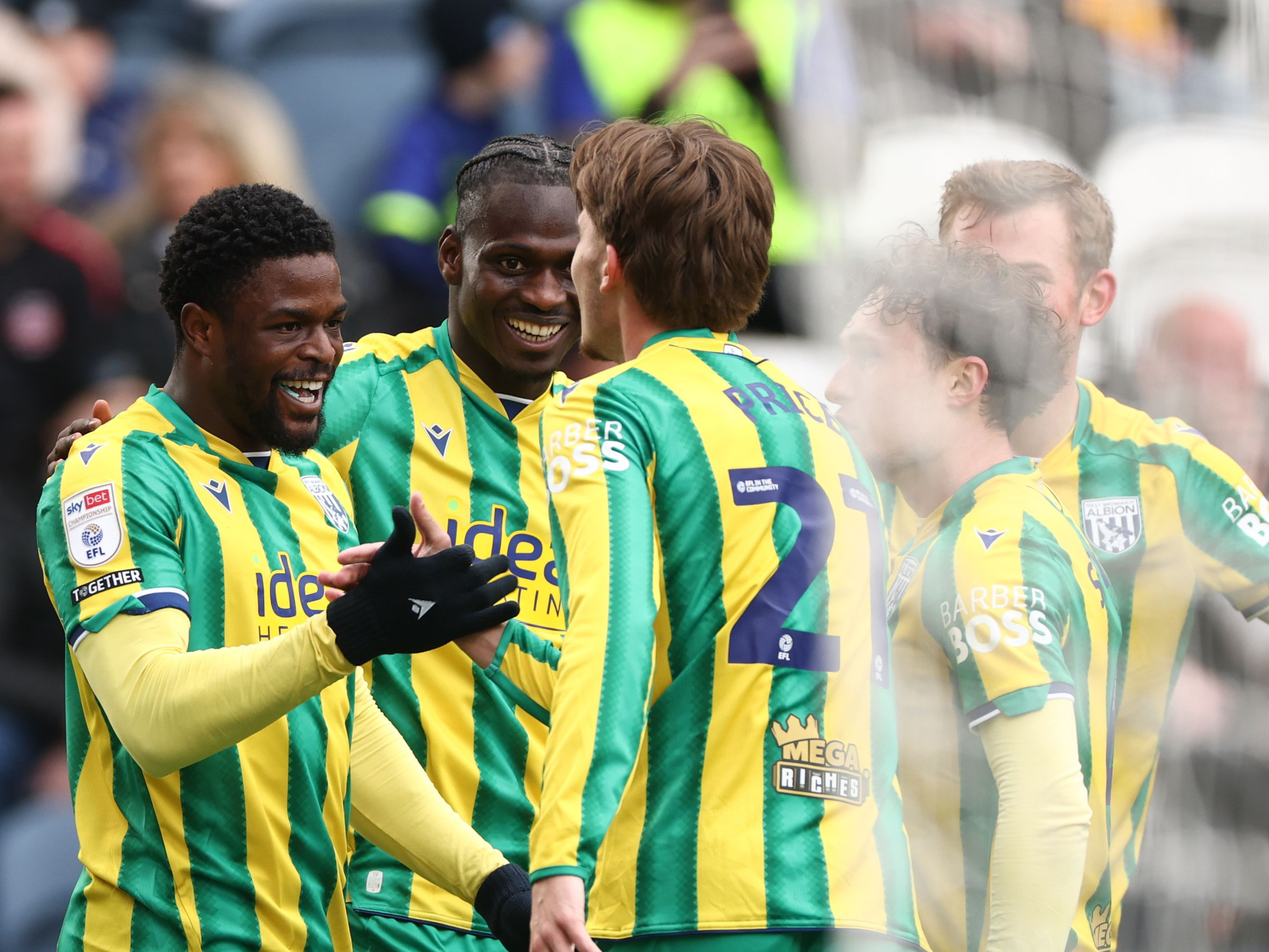 An image of Josh Maja celebrating his goal against Preston with his teammates