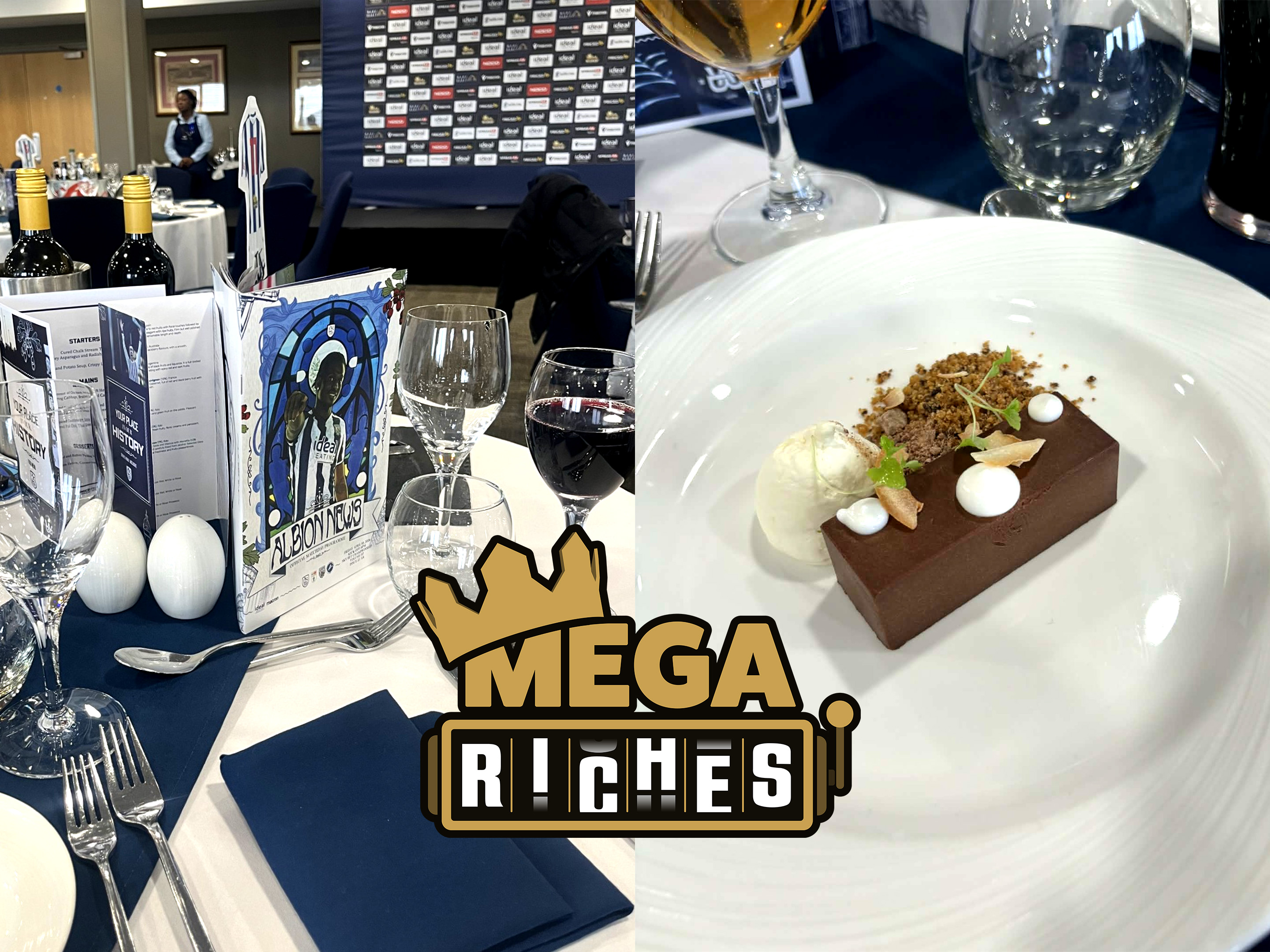 Split image of Hospitality tables and a desert plate.