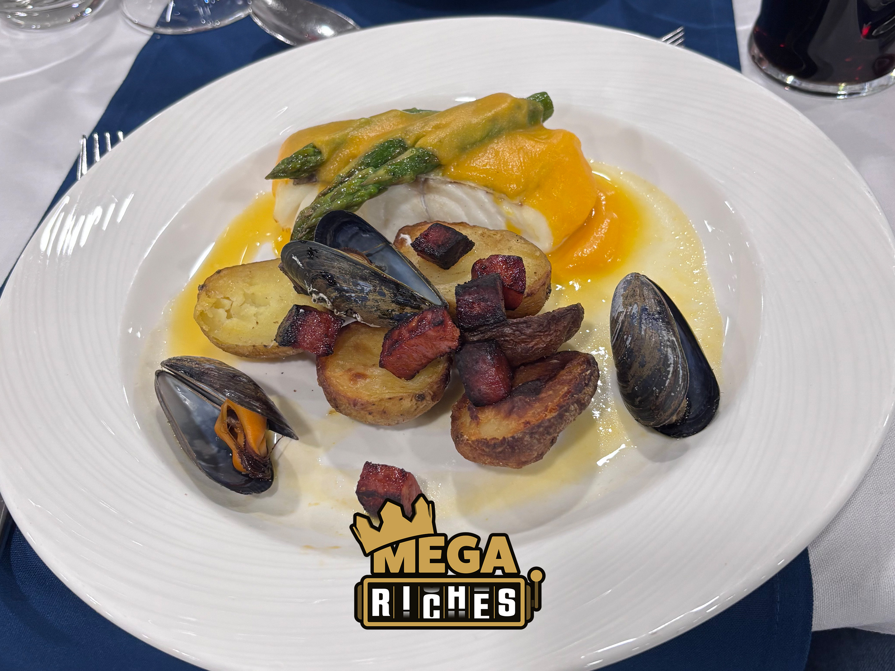 Photo of a dinner course with Mega Riches logo.