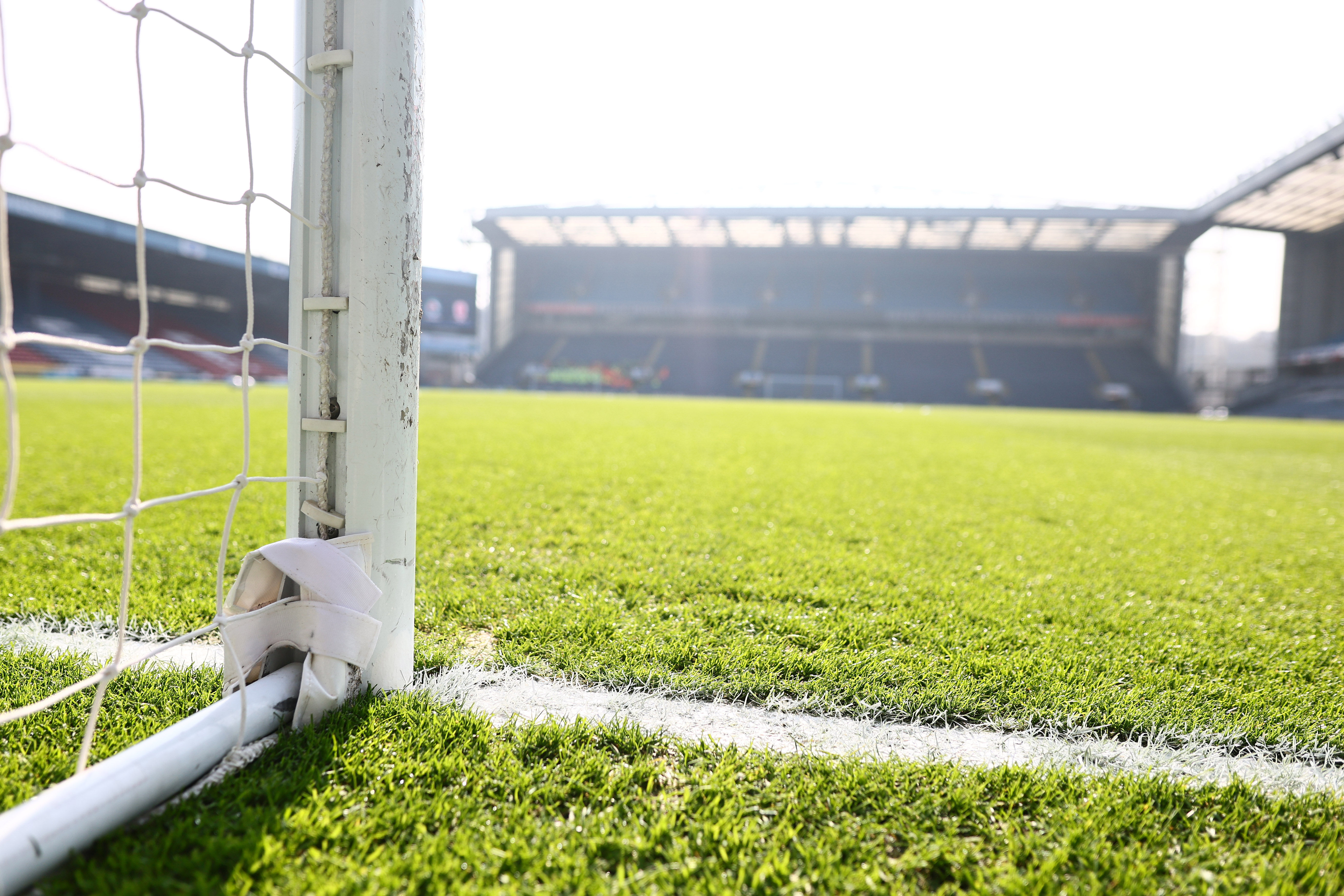 A general view of Ewood Park shot from pitch level by a goal post 