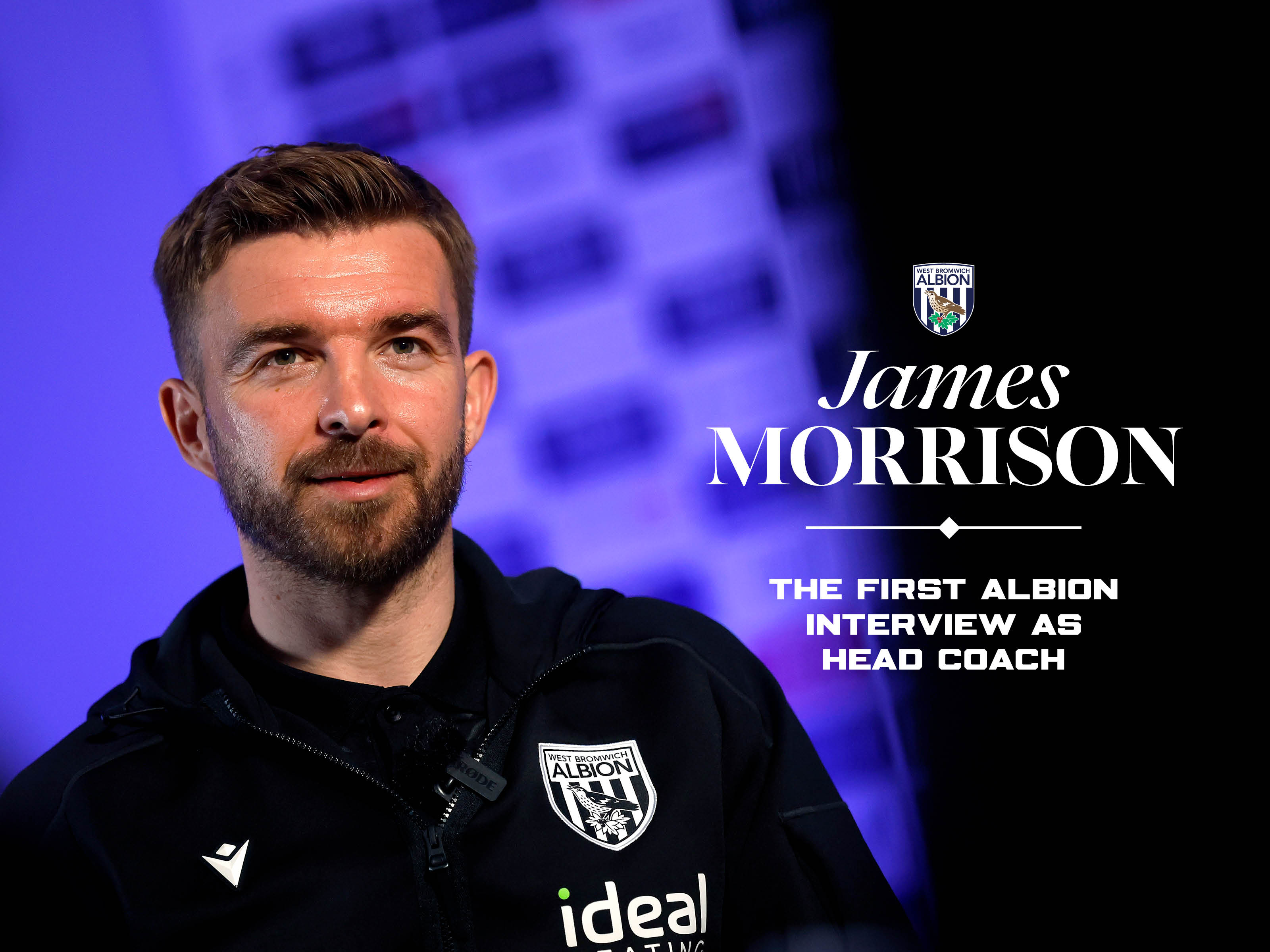 James Morrison's first Albion interview as Head Coach graphic with an image of him smiling 