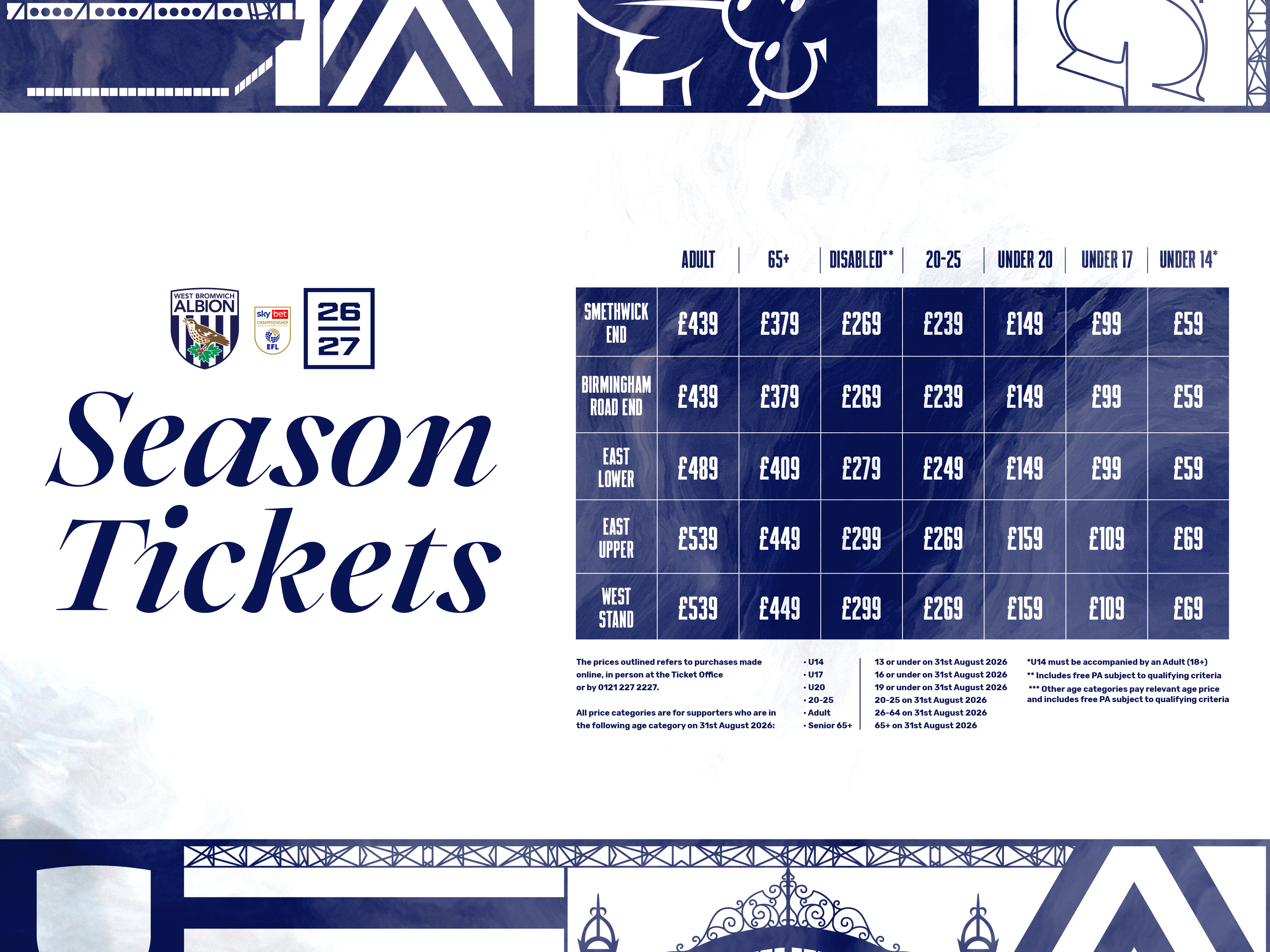 A general sale season ticket price table