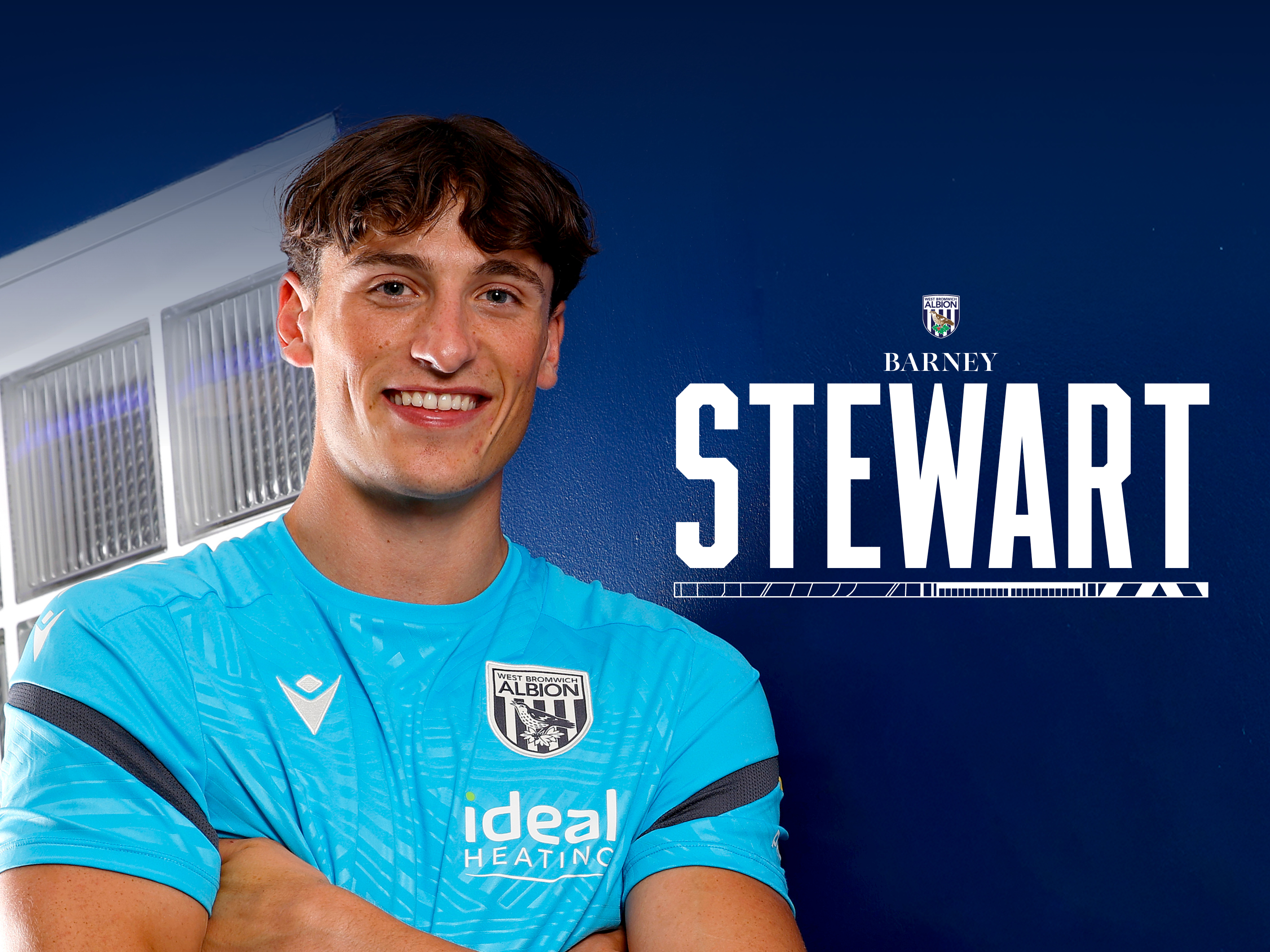 A graphic with a picture of Albion's new signing, Barney Stewart