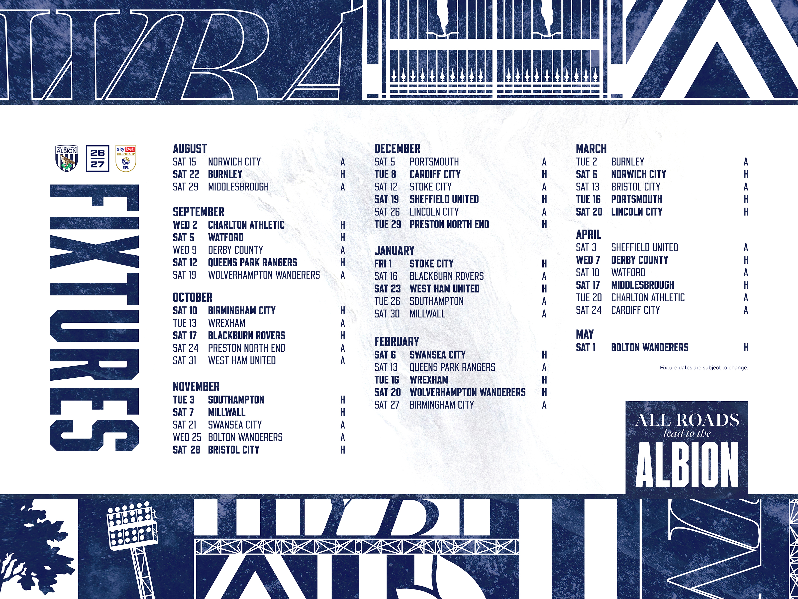 A graphic displaying Albion's 2026-27 fixtures