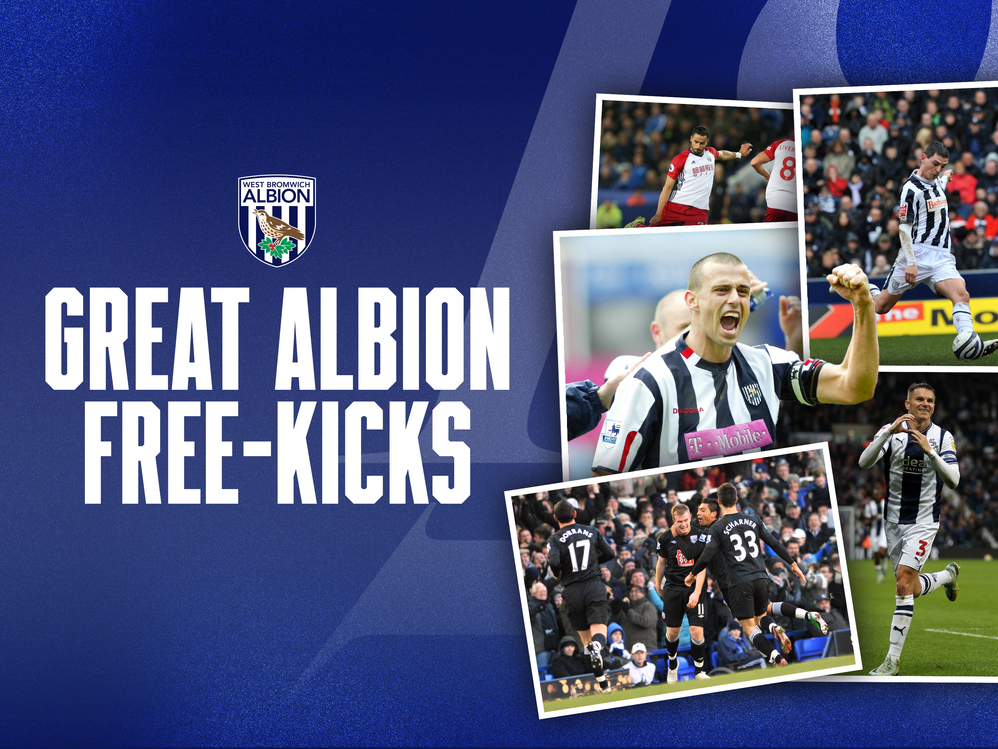 Great Albion free-kicks graphic with images on of WBA players taking and celebrating free-kicks 