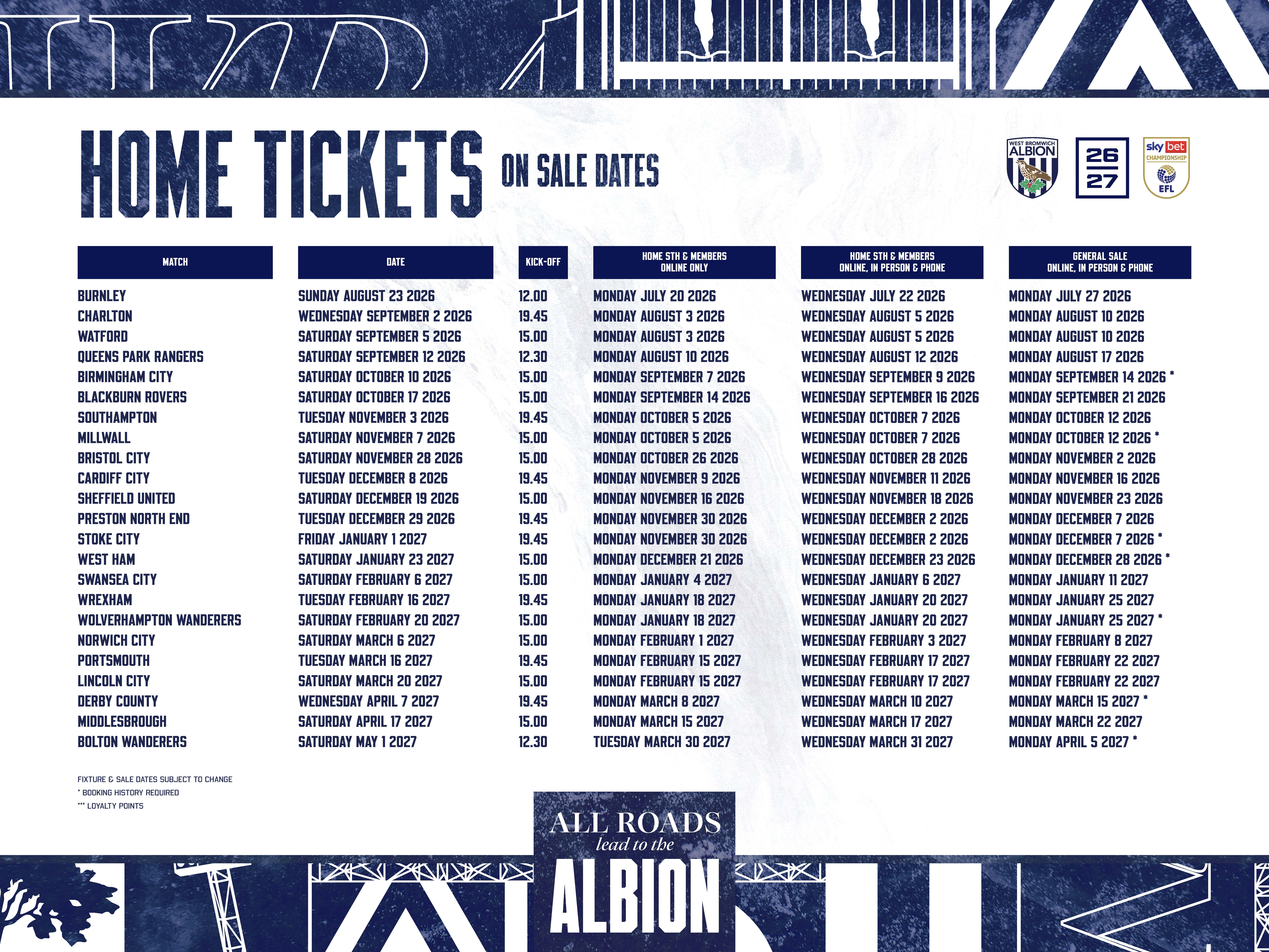 A graphic displaying the dates home tickets go on sale throughout the season.